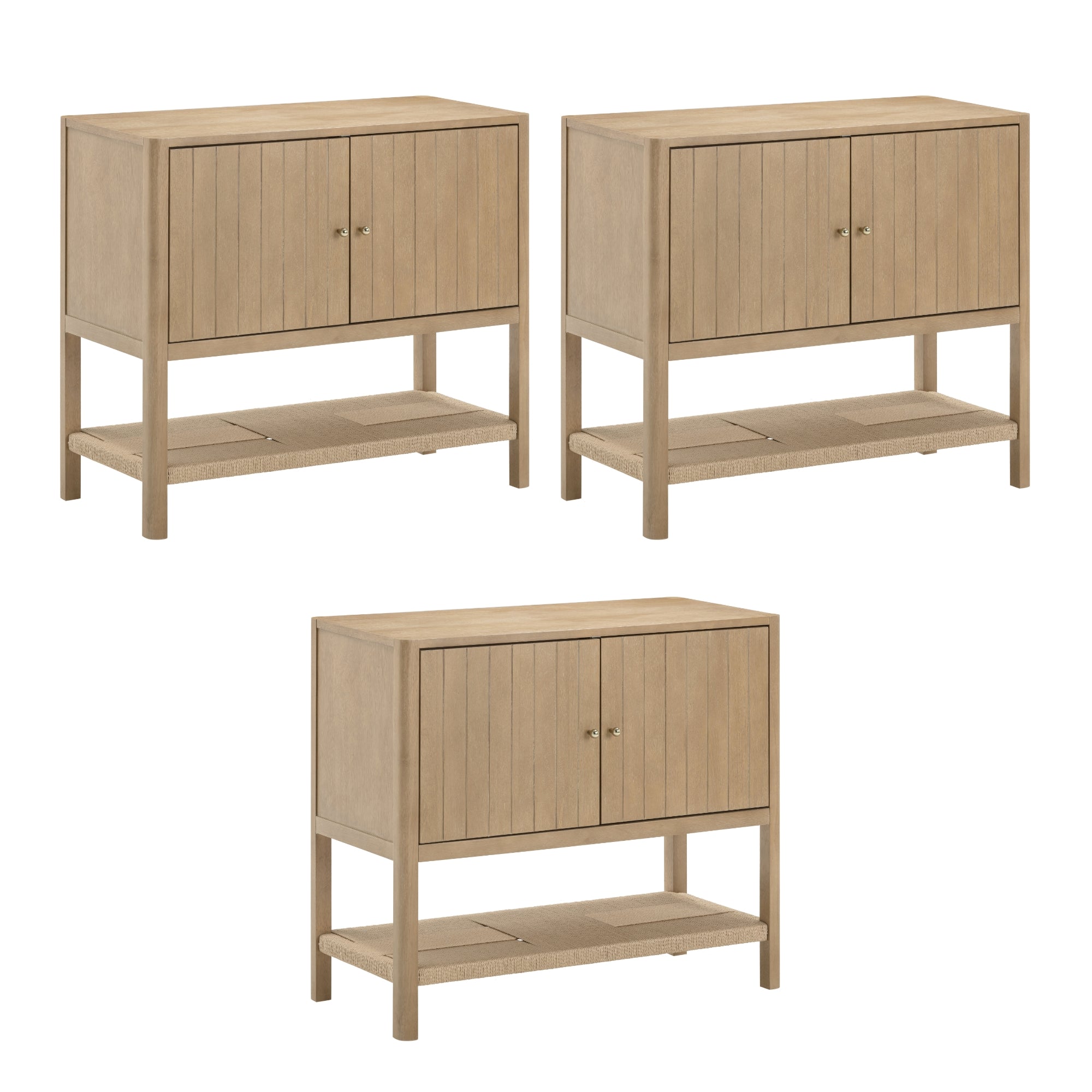 Three light wood console tables with vertical panel doors, brass knobs, and an open lower shelf, displayed on a white background.