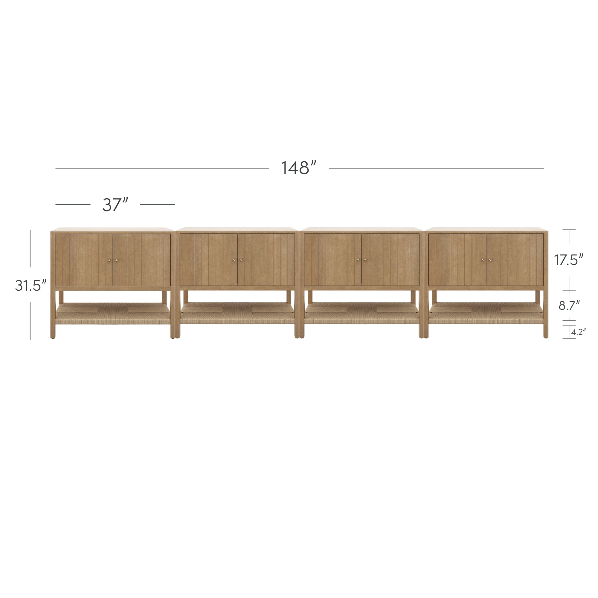 Front view of a long wooden storage unit with four cabinet sections; each section is 37 wide, the total width is 148, height is 31.5, and there are shelf height measurements of 17.5, 8.7, and 1.2.