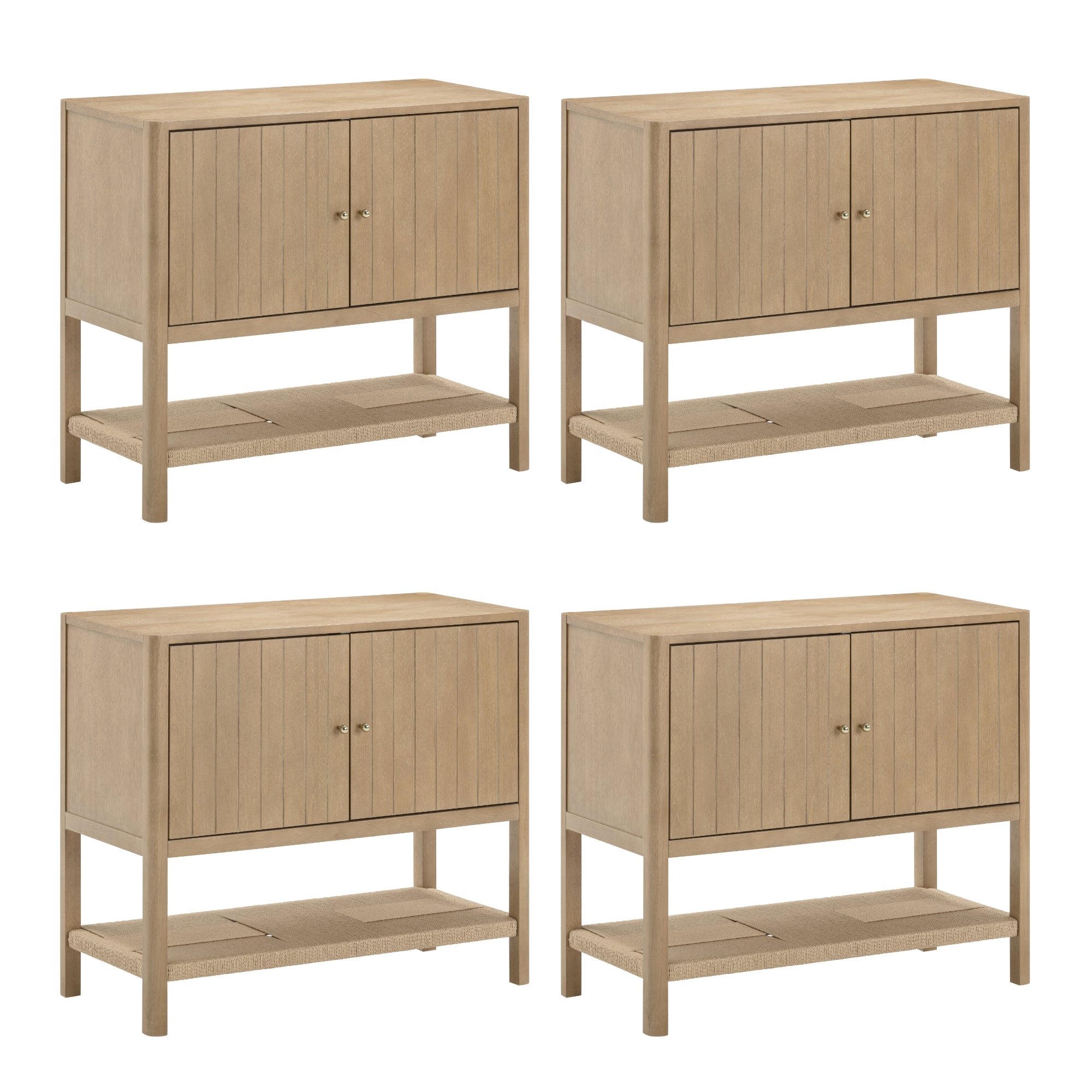 Four identical light wood cabinets, each with double doors featuring vertical lines, a lower slatted shelf, and simple cylindrical legs, arranged in a grid on a white background.