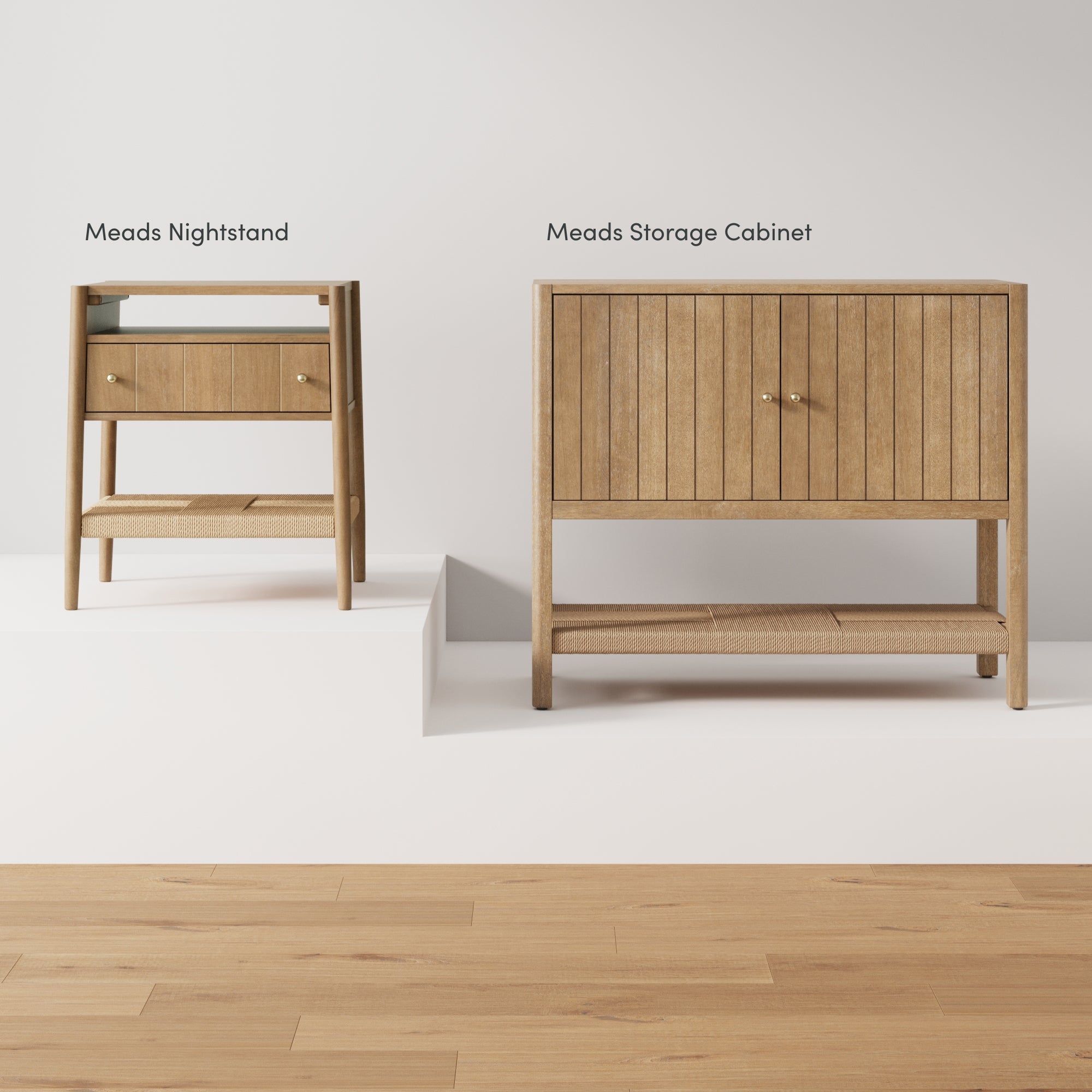 A wooden nightstand with a drawer and open shelf stands next to a matching wooden storage cabinet with double doors and a lower shelf, both displayed on a white platform against a plain wall.