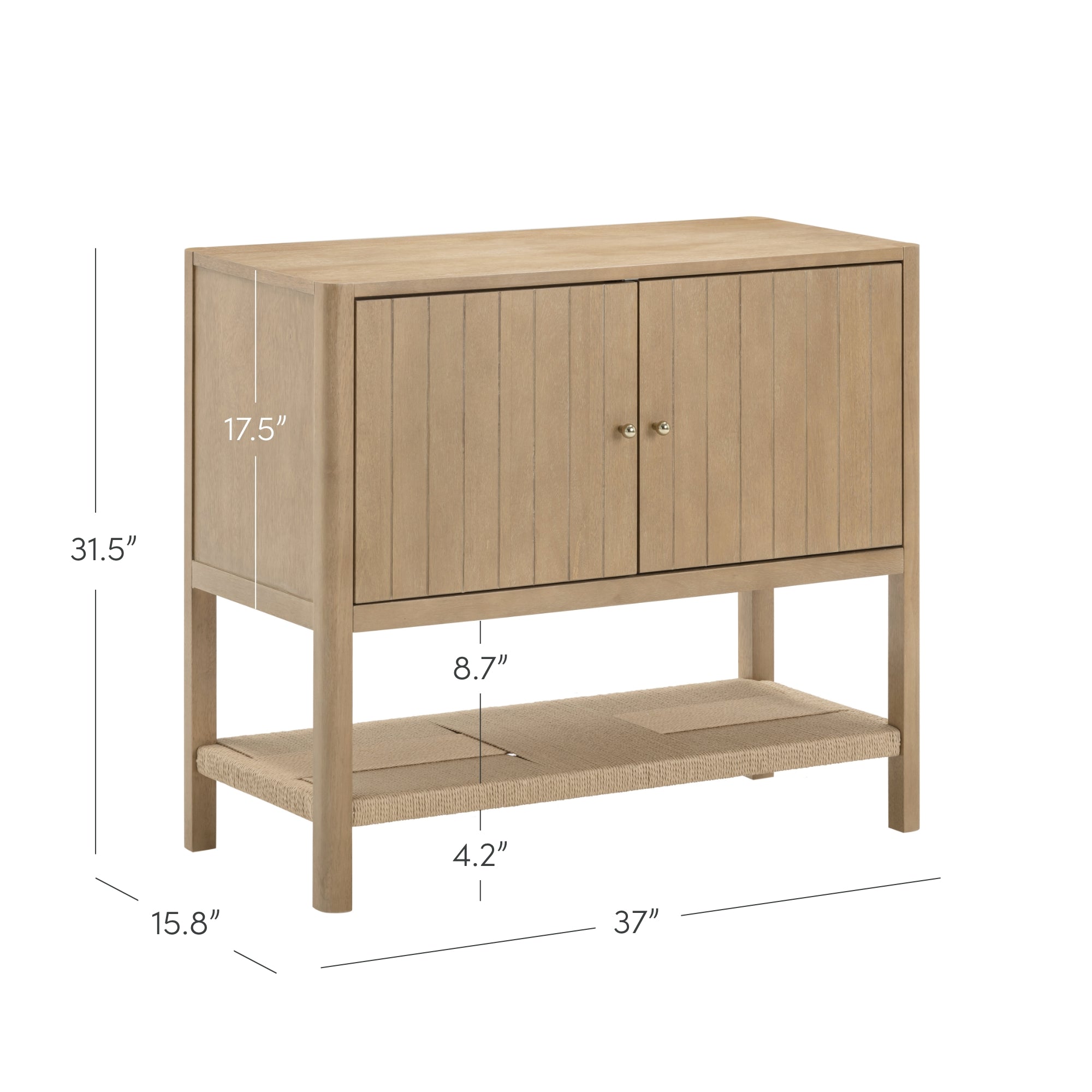 Wooden console cabinet with two doors, vertical groove details, a lower woven shelf, and labeled measurements: 31.5 tall, 37 wide, 15.8 deep, doors 17.5 high, shelf 8.7 high, and 4.2 leg clearance.