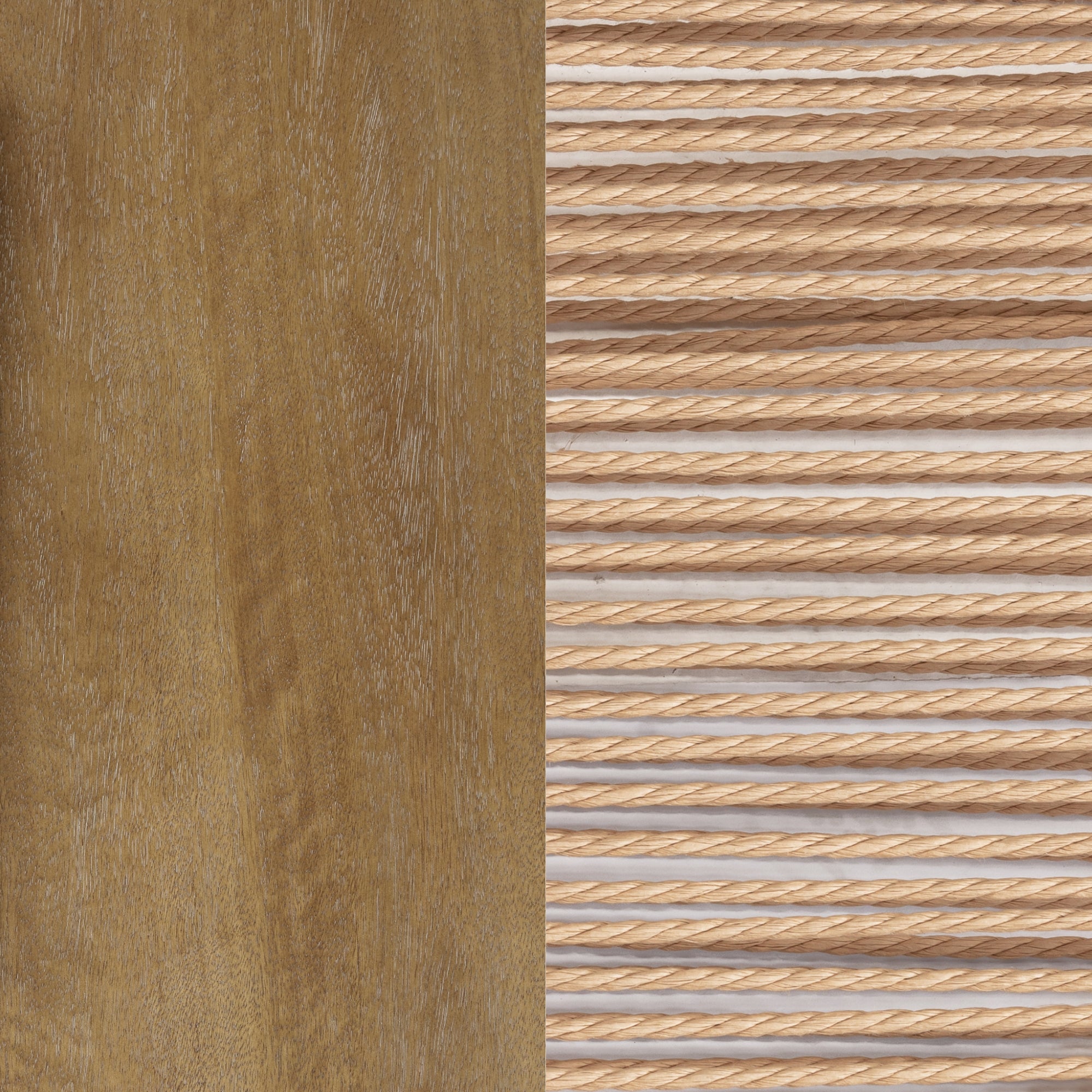 A photo split vertically: the left half shows smooth, light brown wood, while the right half displays evenly spaced, diagonal wooden dowels or rods with a light finish on a white background.