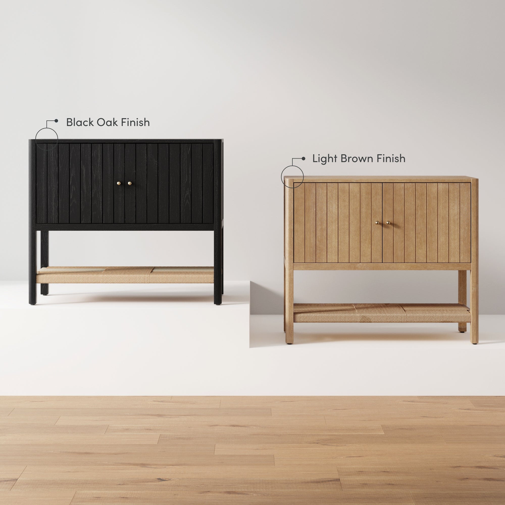 Two wooden cabinets side by side against a white wall: the left one has a black oak finish and the right one has a light brown finish, both with two door handles and open lower shelves.