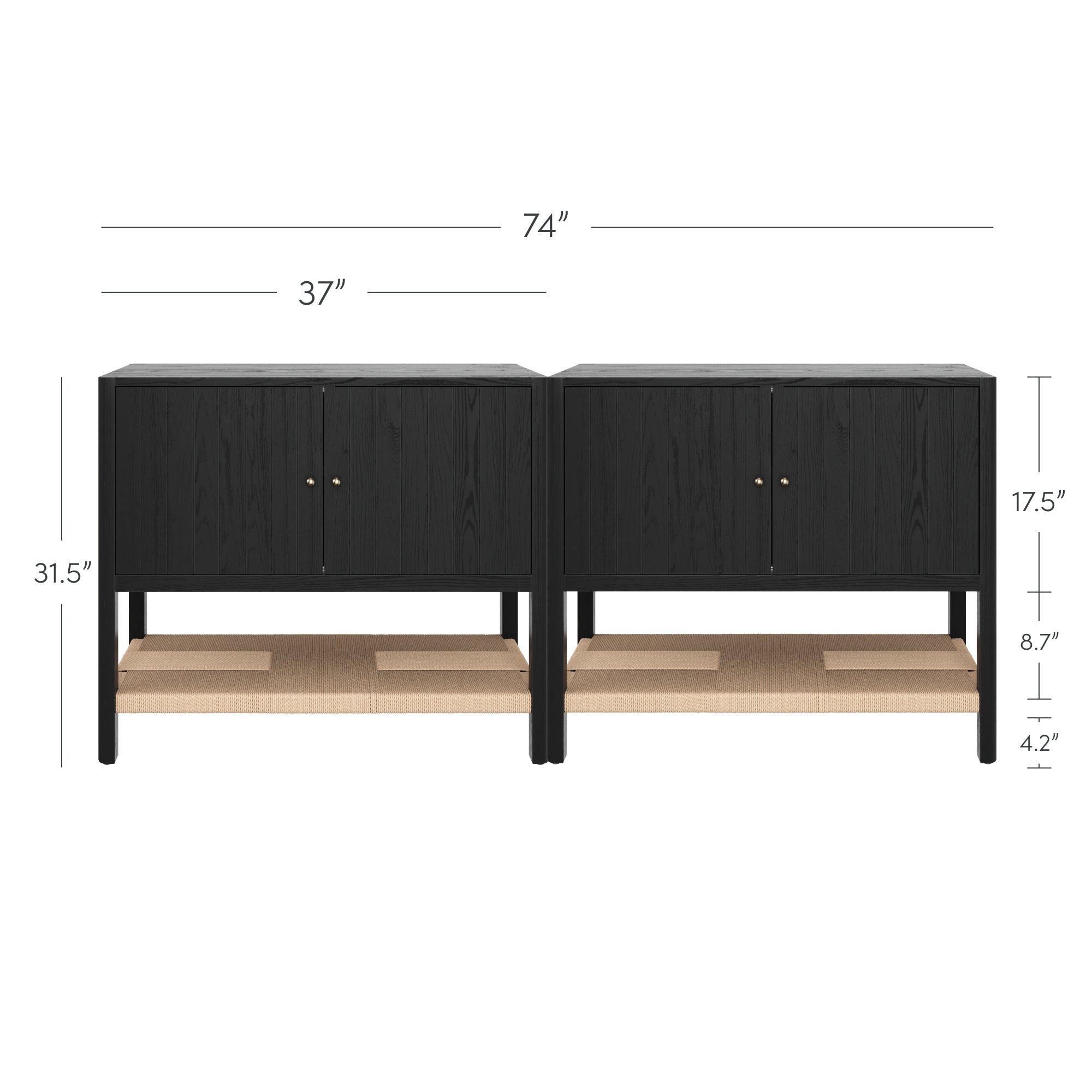 Two black wooden cabinets with doors and lower shelves are shown side by side. Dimensions are labeled: width 74, height 31.5, depth 17.5, shelf heights 8.7 and 4.2, and each cabinet is 37 wide.