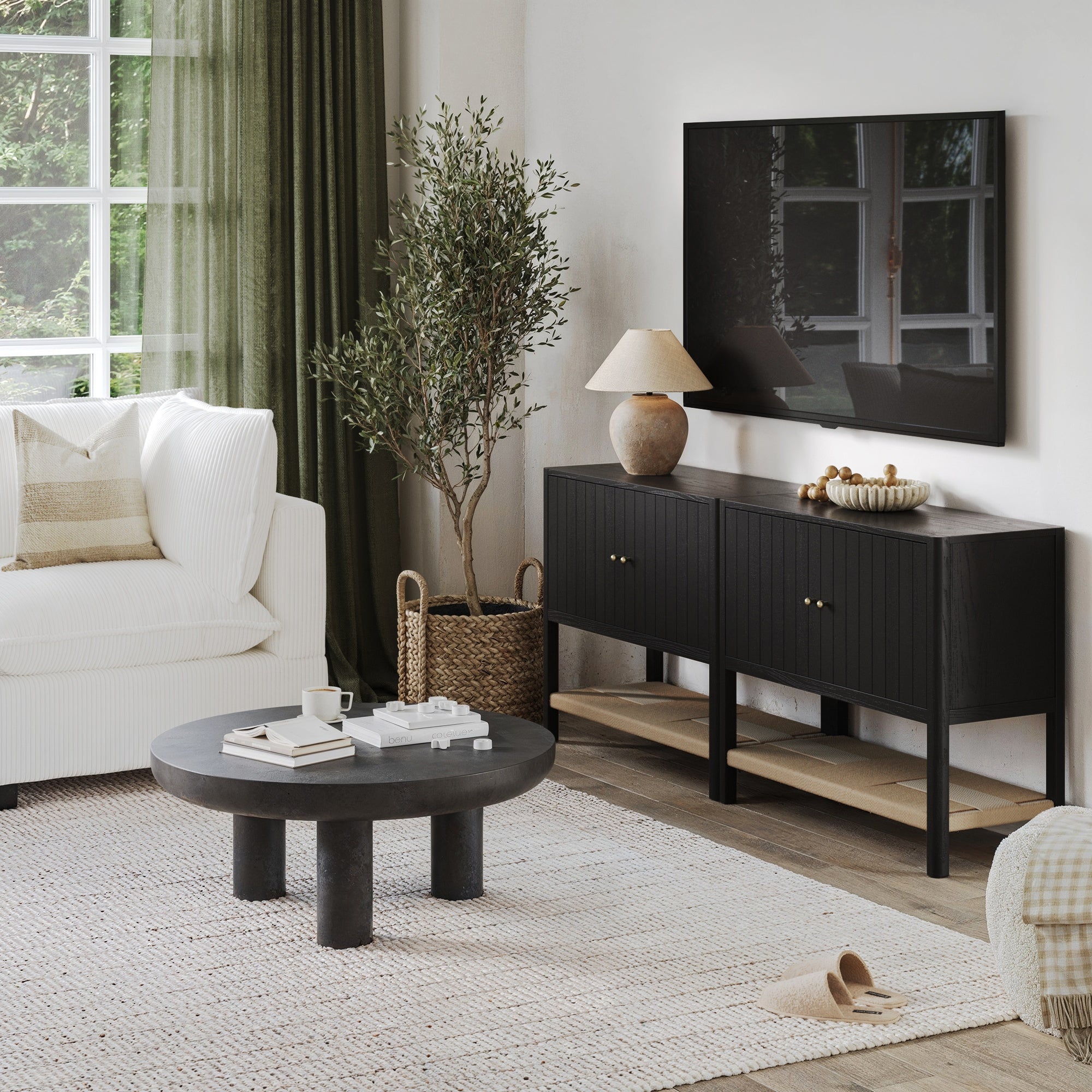 Wood TV Console with Open Seagrass Shelf for 55 - 65" TVs Black Oak - Nathan James