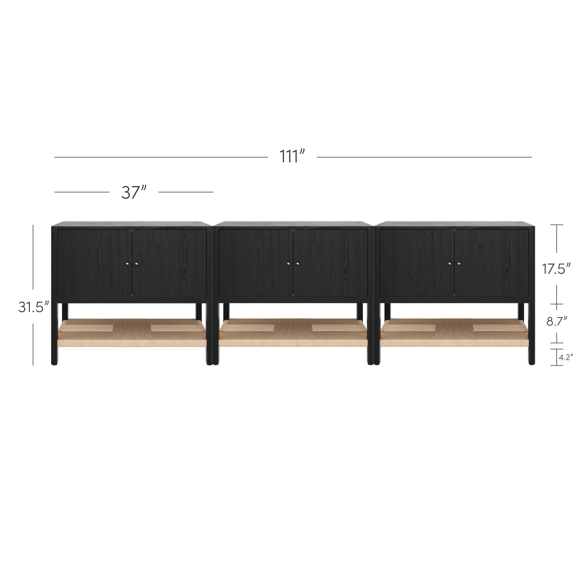 A black wooden sideboard with three sections, each 37 inches wide, making a total width of 111 inches. Overall height is 31.5 inches, with lower shelves at 8.7 inches high and cabinet interiors at 17.5 inches high.