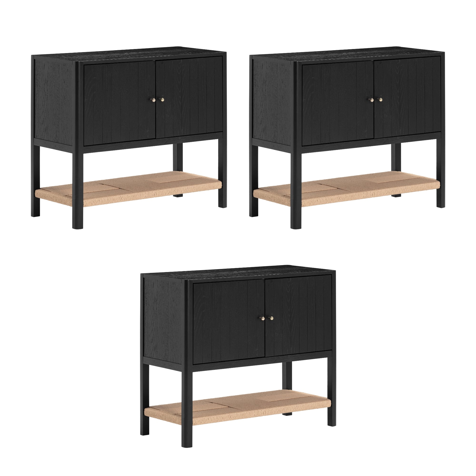 Three identical black wooden cabinets with two doors and round handles, each featuring a light wood open shelf at the bottom, displayed against a white background.