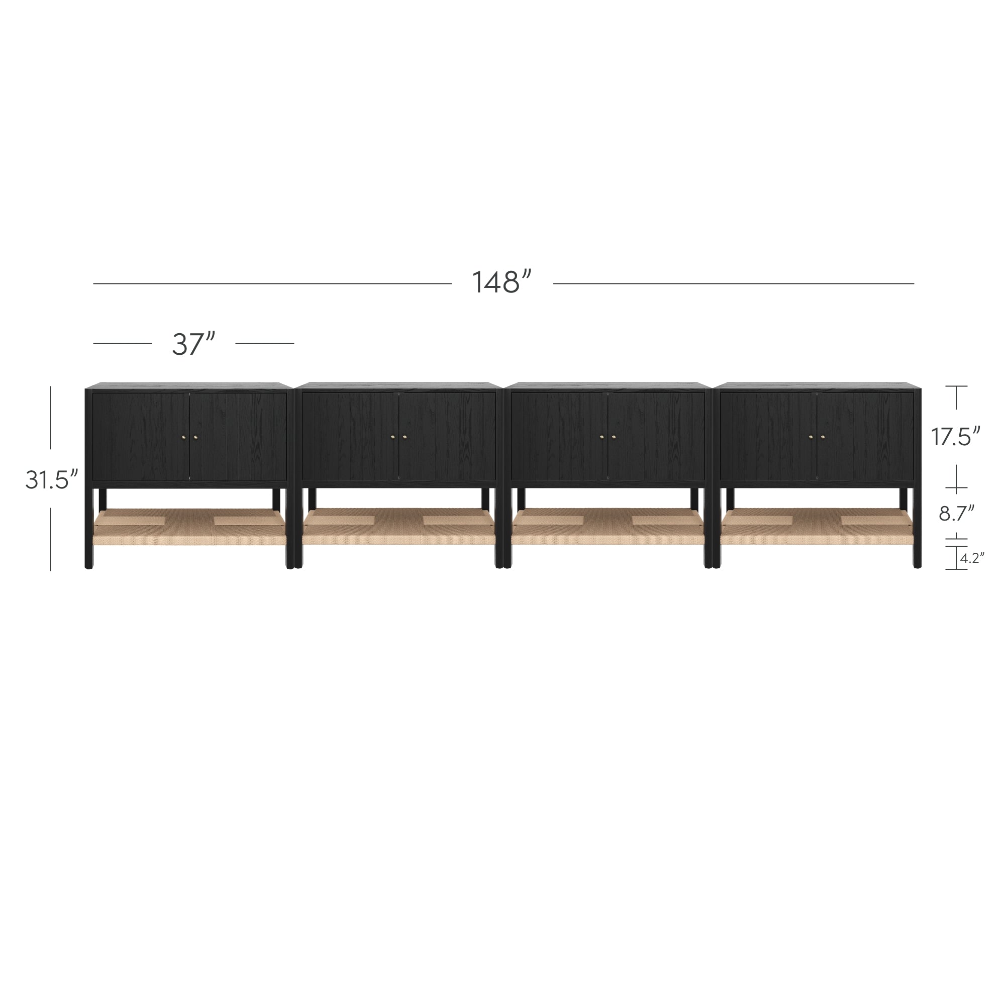 A long, four-unit black sideboard with wooden shelf underneath. Overall width is 148 inches, each unit 37 inches wide, total height 31.5 inches. Shelf heights are 17.5, 8.7, and 1.2 inches.