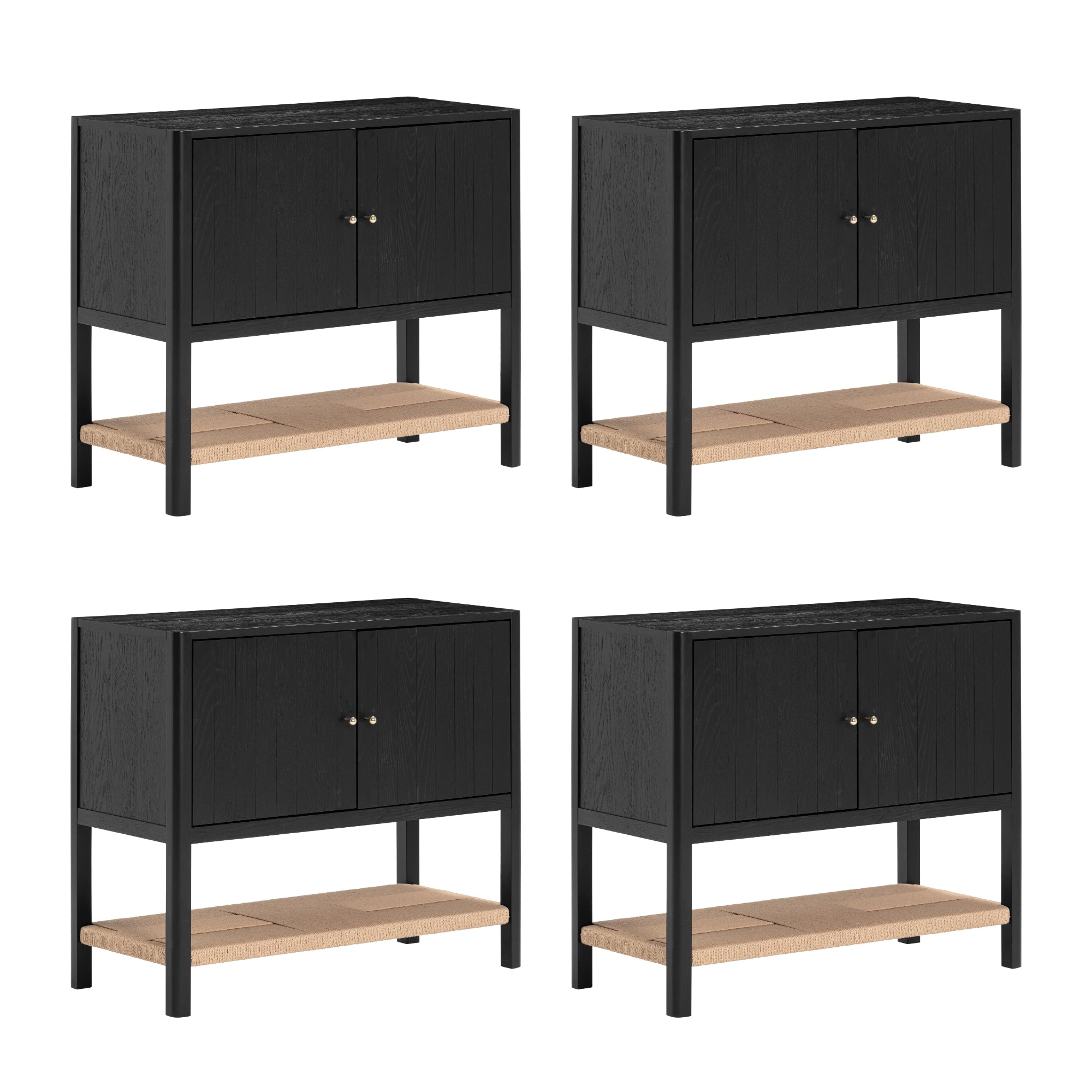 Four identical black cabinets with double doors, each featuring a wooden shelf at the bottom. The cabinets are standing against a white background, displayed in a two-by-two grid arrangement.