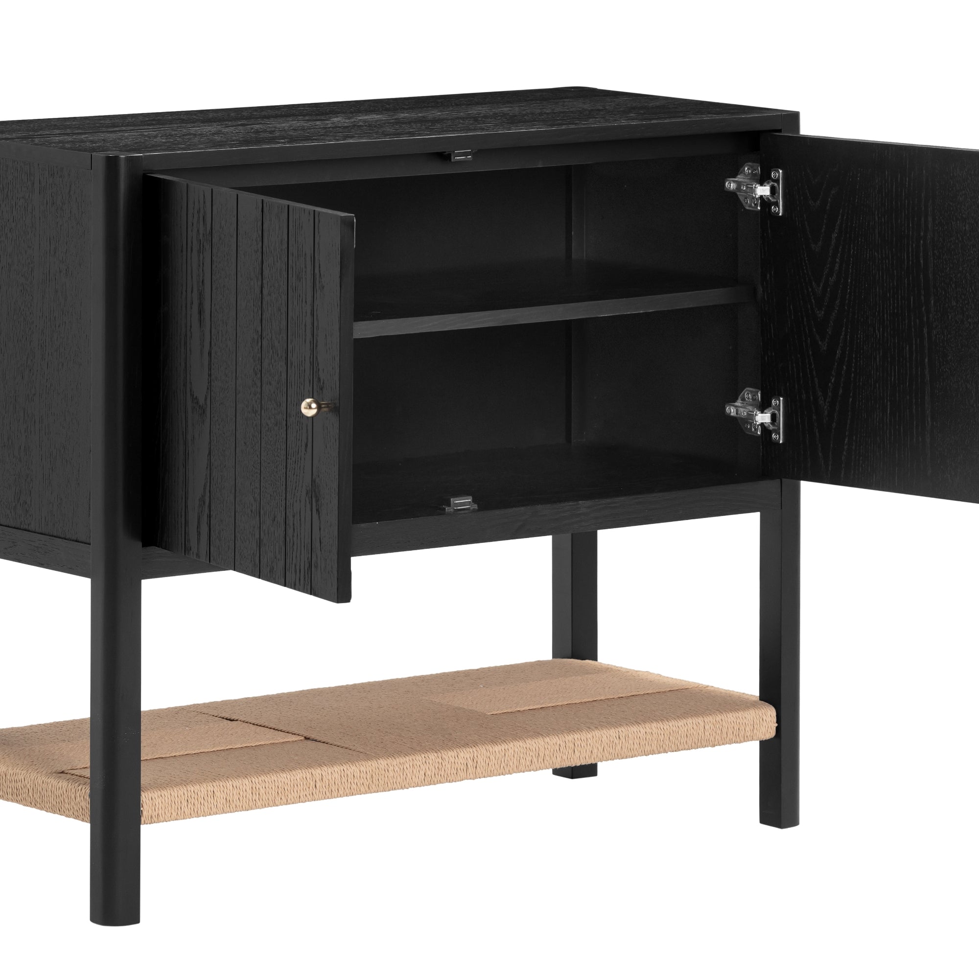 A black wooden cabinet with two open doors, revealing a single interior shelf. It stands on four legs and has a woven beige lower shelf at the bottom.