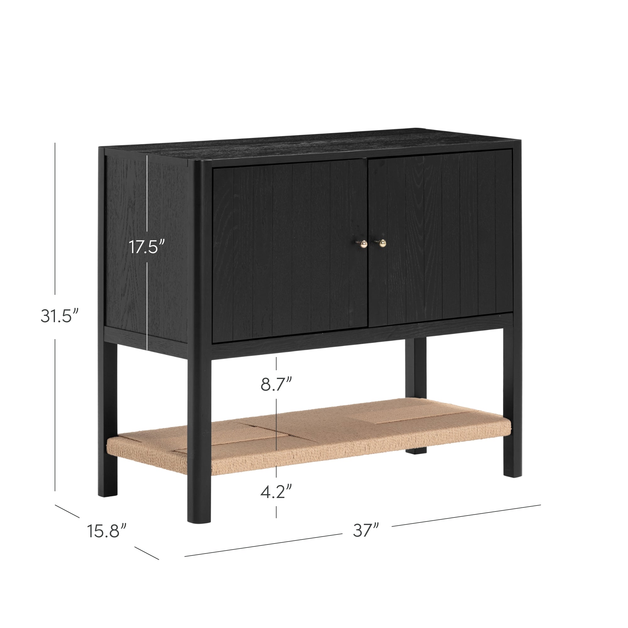 Black wooden storage cabinet with two doors, gold knobs, and a lower beige shelf. Dimensions are 31.5 high, 37 wide, 15.8 deep, with door height 17.5, lower shelf height 8.7, and under-shelf height 4.2.