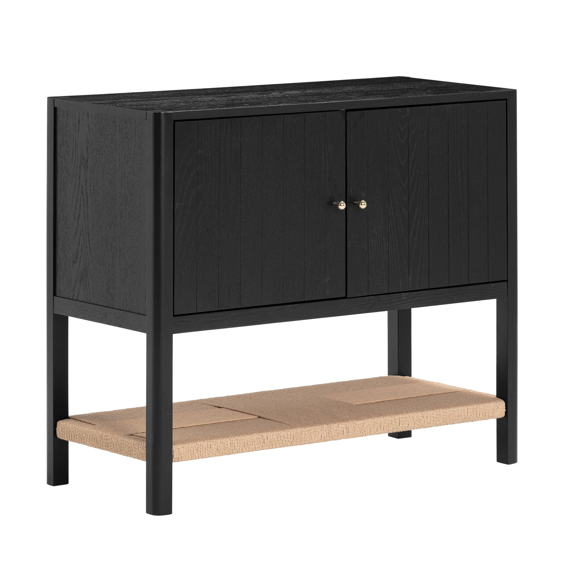 A modern black wooden cabinet with double doors, slim metal legs, and a lower shelf made of woven natural material. The cabinet has a minimalist design and two round door handles.