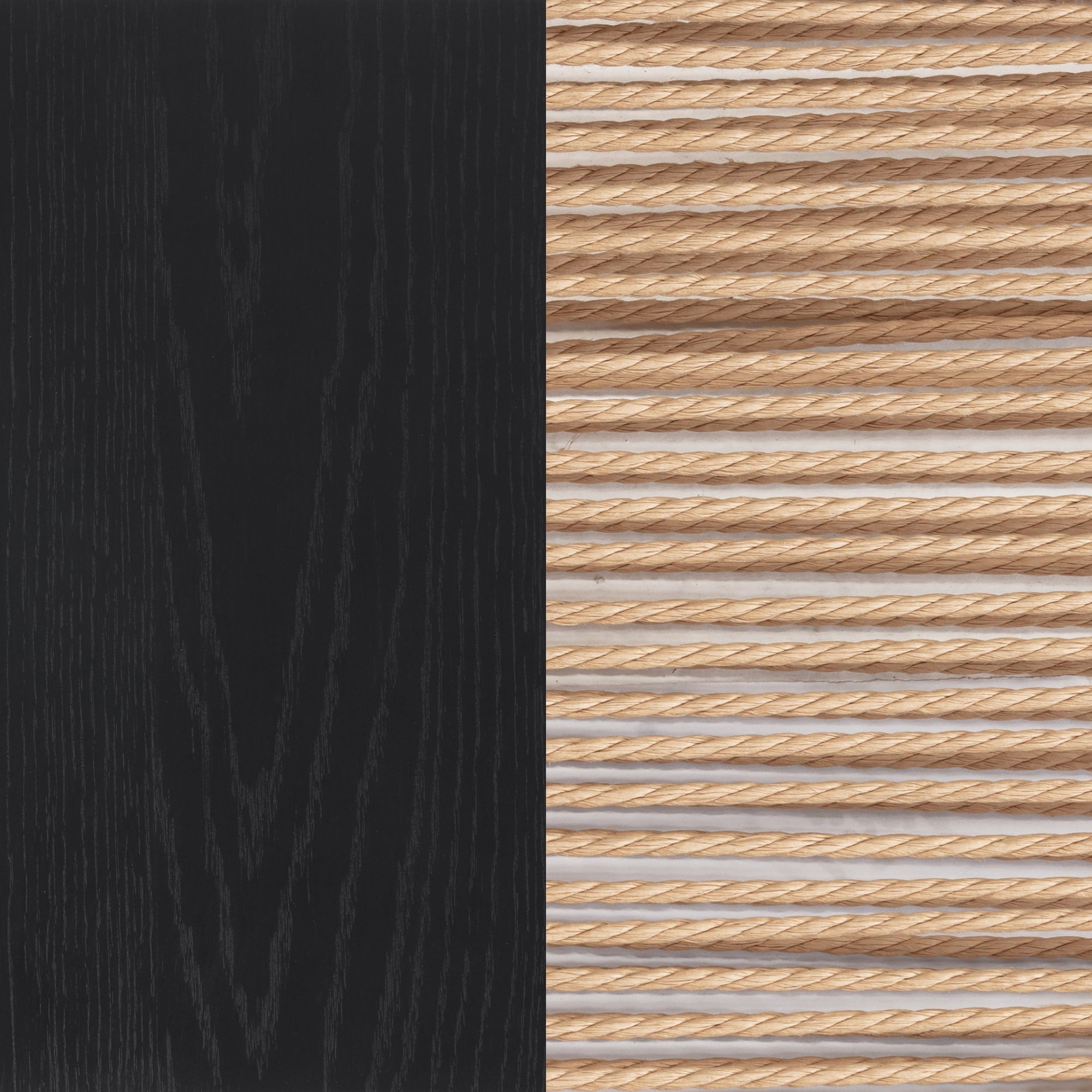 A black wood panel with visible grain is on the left side, while parallel rows of beige, twisted rope are evenly spaced on the right, creating a high-contrast, symmetrical pattern.