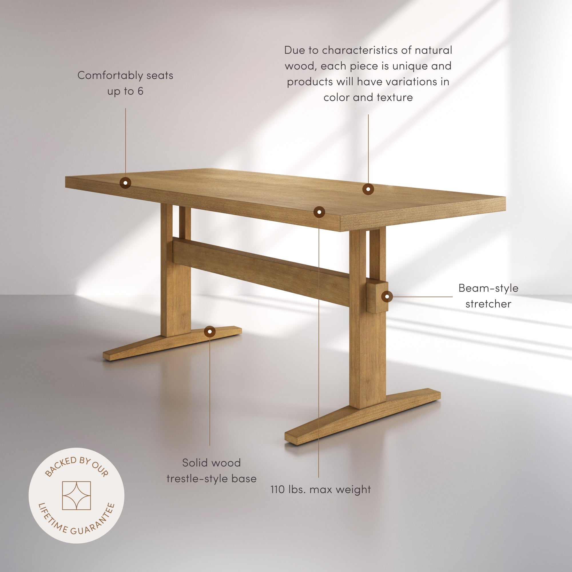 Solid Wood Trestle Dining Table for 6 Light Brown - Nathan James