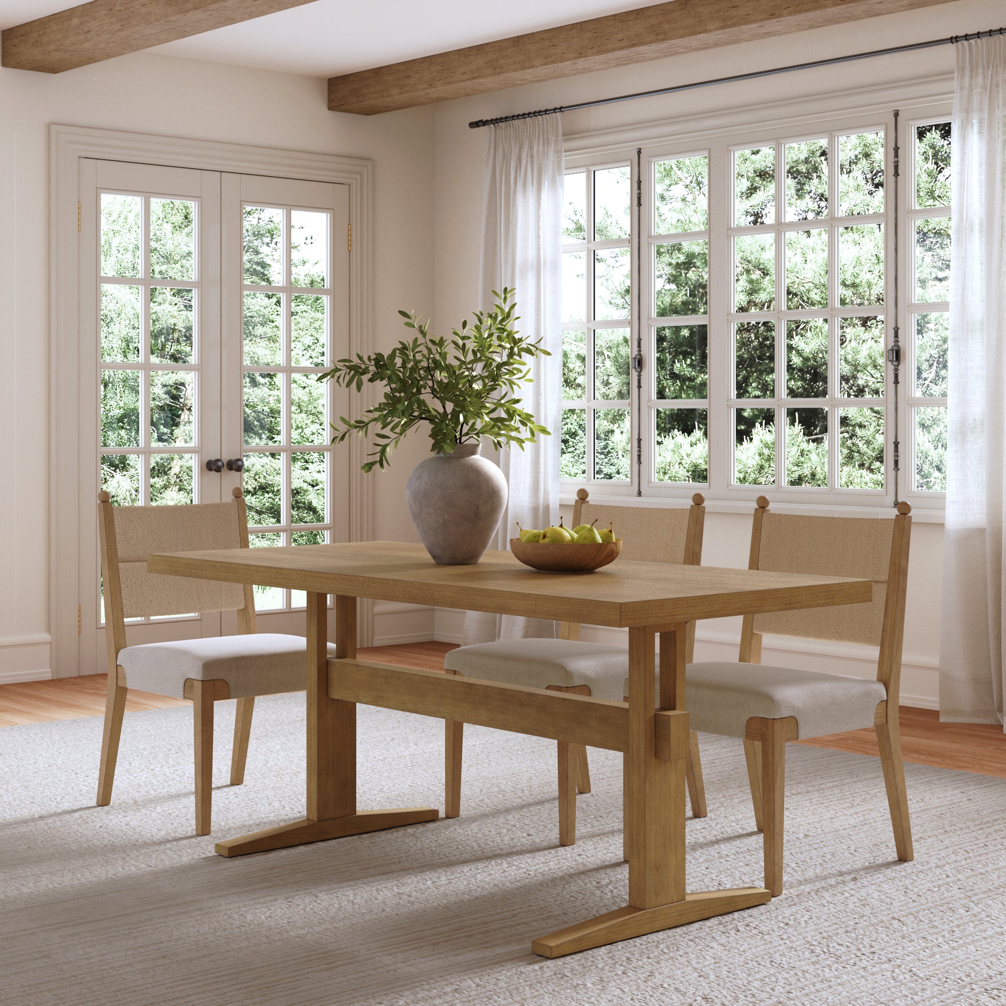 Solid Wood Trestle Dining Table for 6 Light Brown
