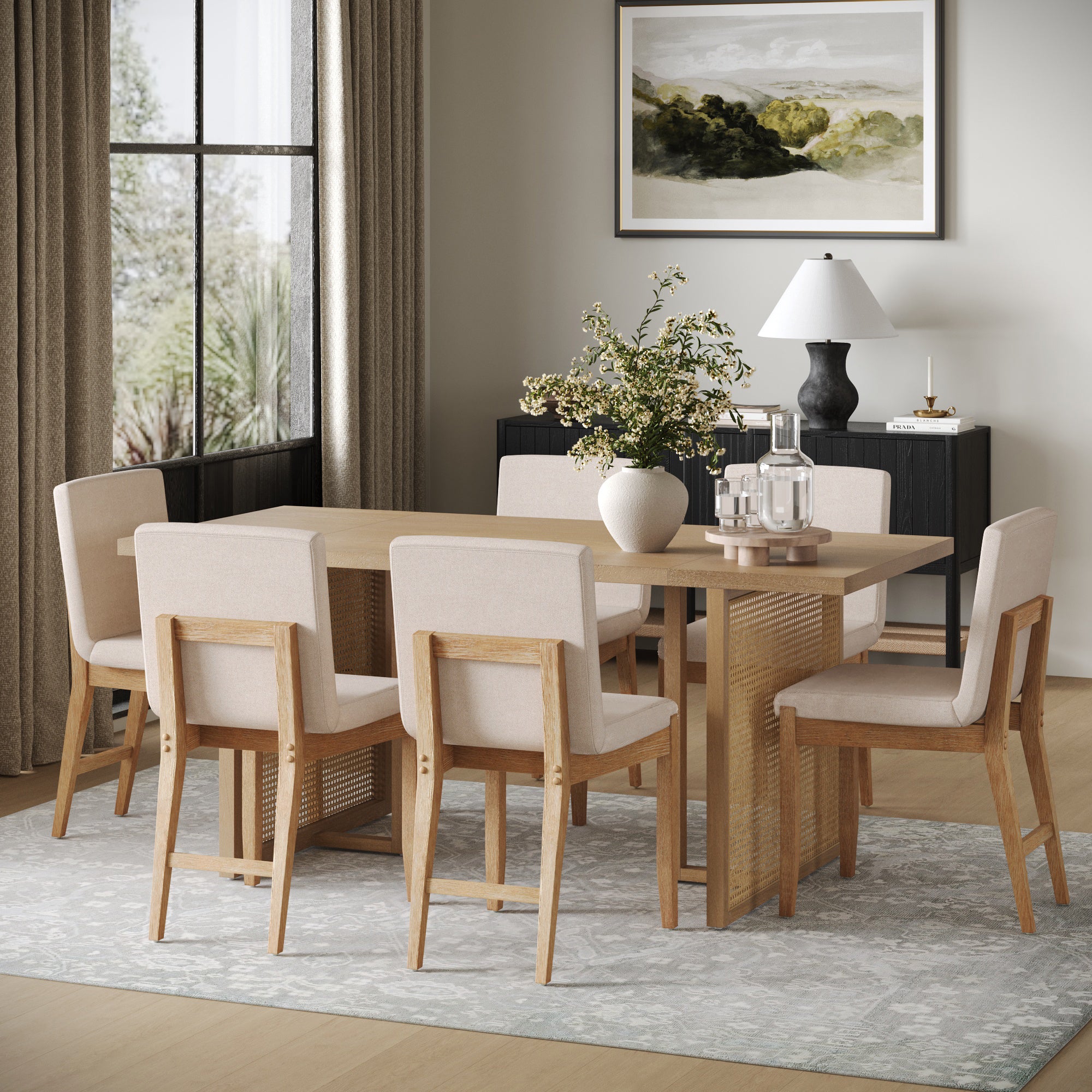 Rattan Boho Dining Set w/ Upholstered Dining Chairs (Set of 6)