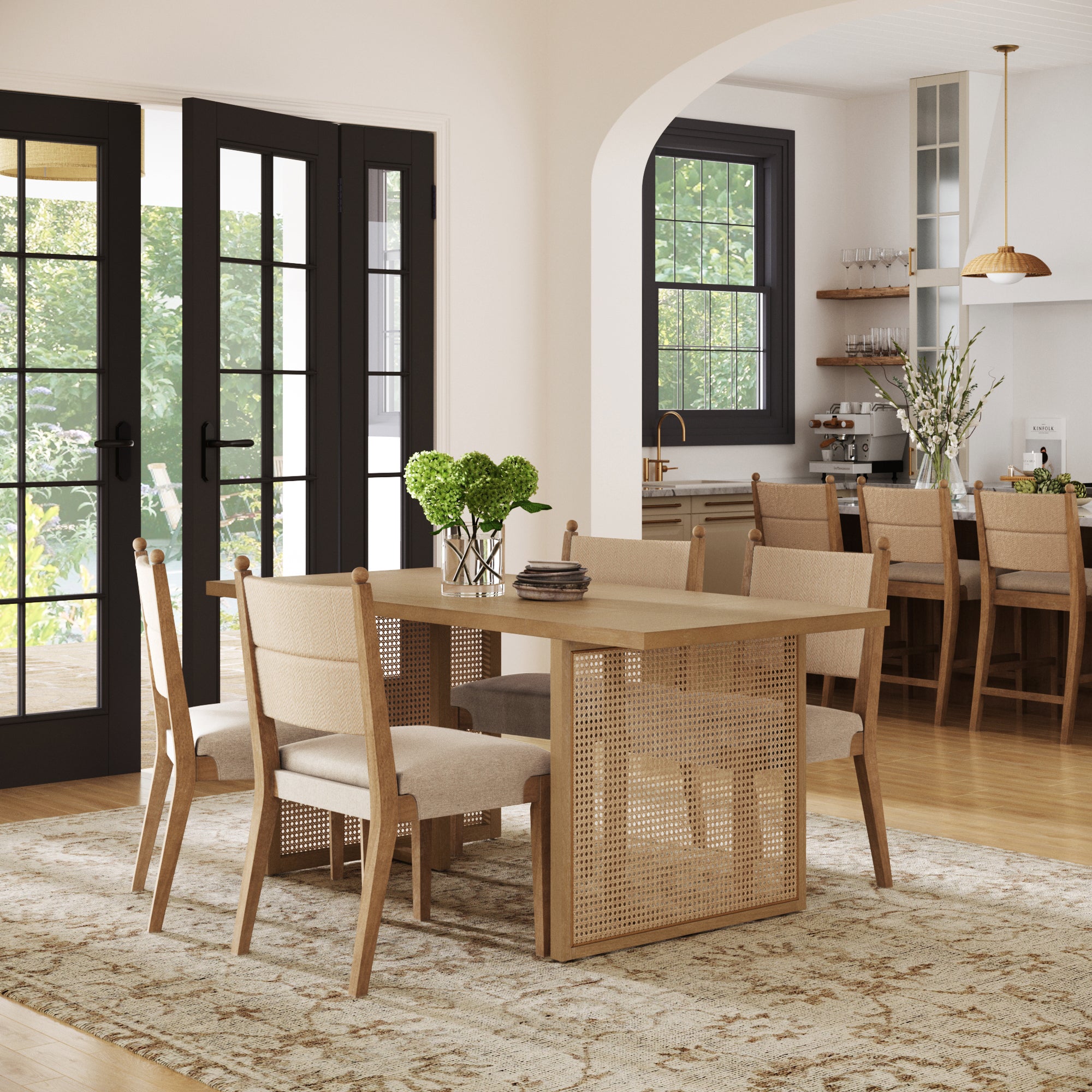 Rattan Dining Table with Flax Upholstered Chairs Set of 4 - Nathan James