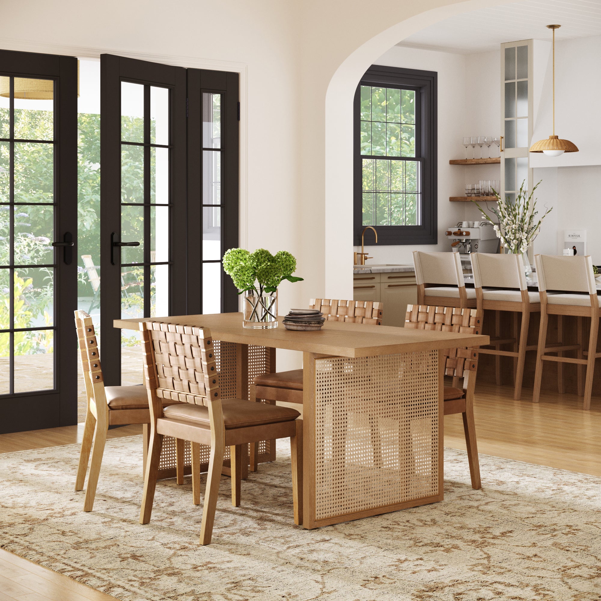 Rattan Boho Dining Table Set of 4 w/ Faux Leather Chairs