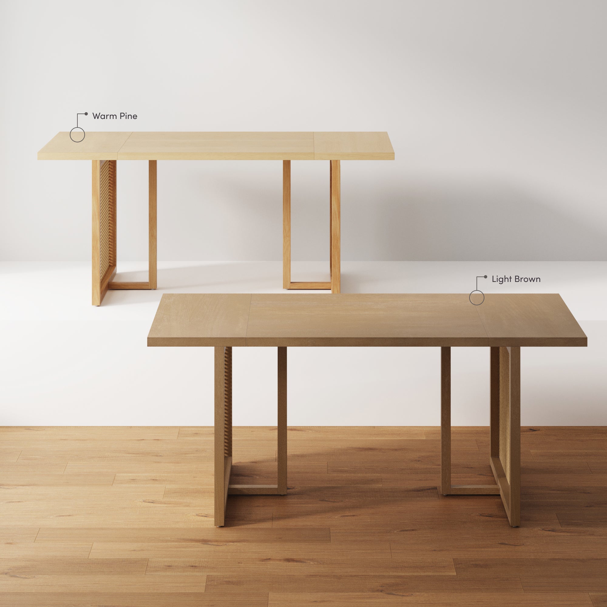 Two modern wooden tables are displayed in a minimal room. The table in the back is labeled Warm Pine and the table in the front is labeled Light Brown. Both tables have clean lines and a wooden floor beneath.