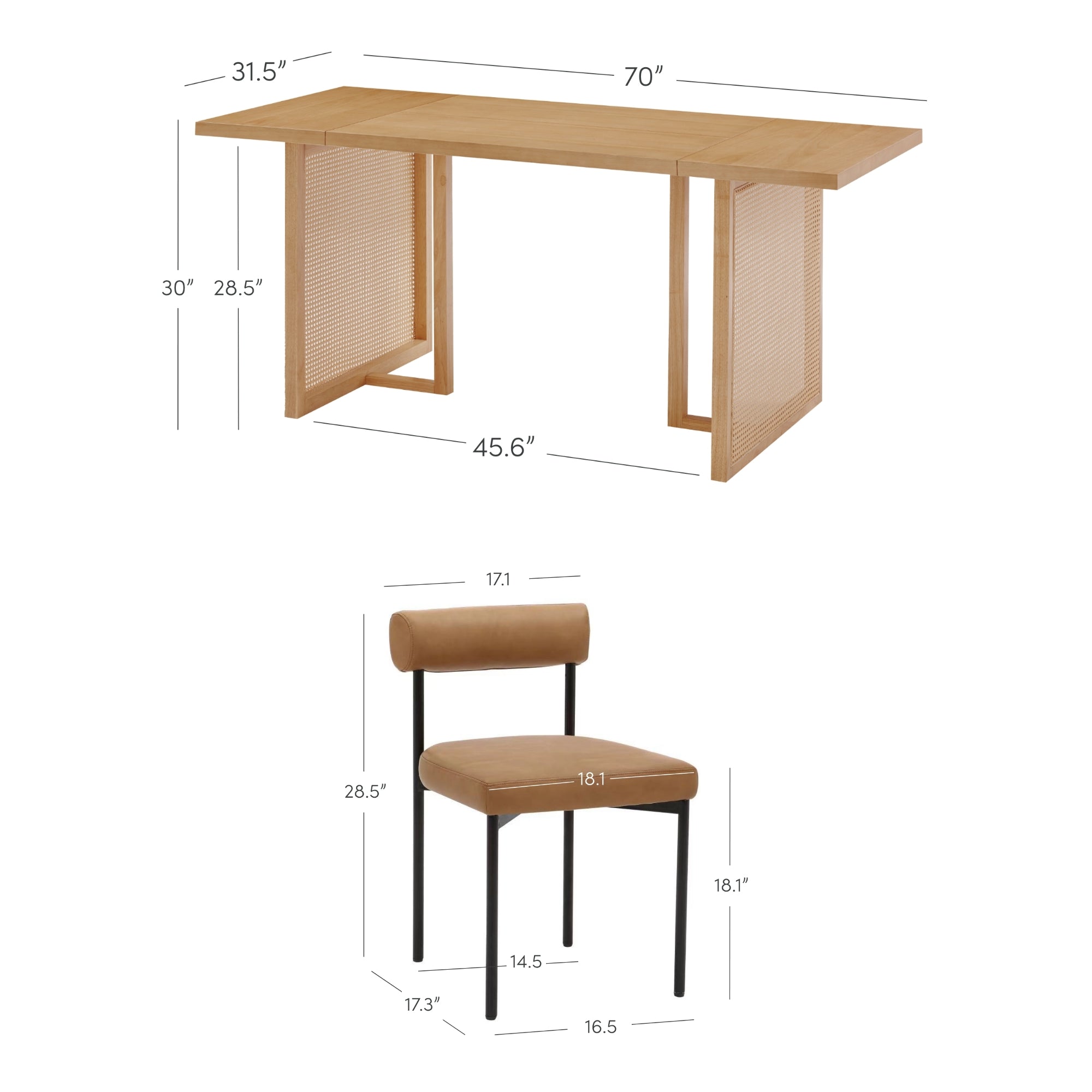 A wood dining table and chair with dimensions labeled. Table: 70W x 31.5D x 30H (top), 28.5 leg clearance, 45.6 between legs. Chair: 28.5H x 17.1W x 18.1D, seat 18.1W x 14.5D x 18.1 seat height.
