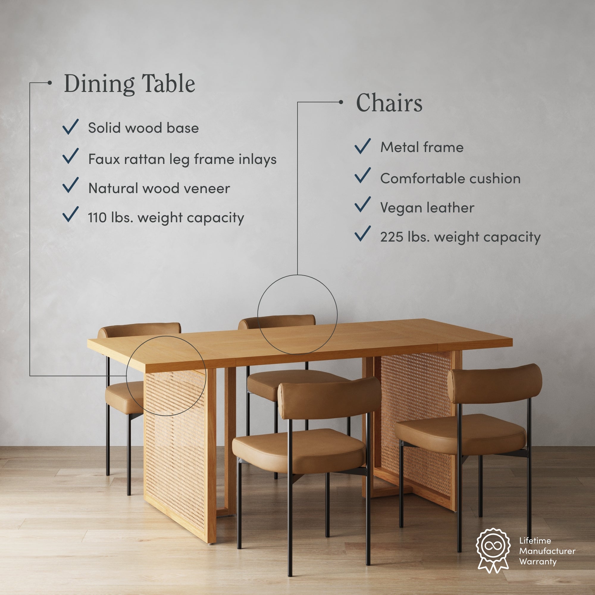 A wooden dining table with a solid base and four brown cushioned chairs with metal frames. Text highlights features, including rattan inlays, wood veneer, vegan leather, and weight capacities.