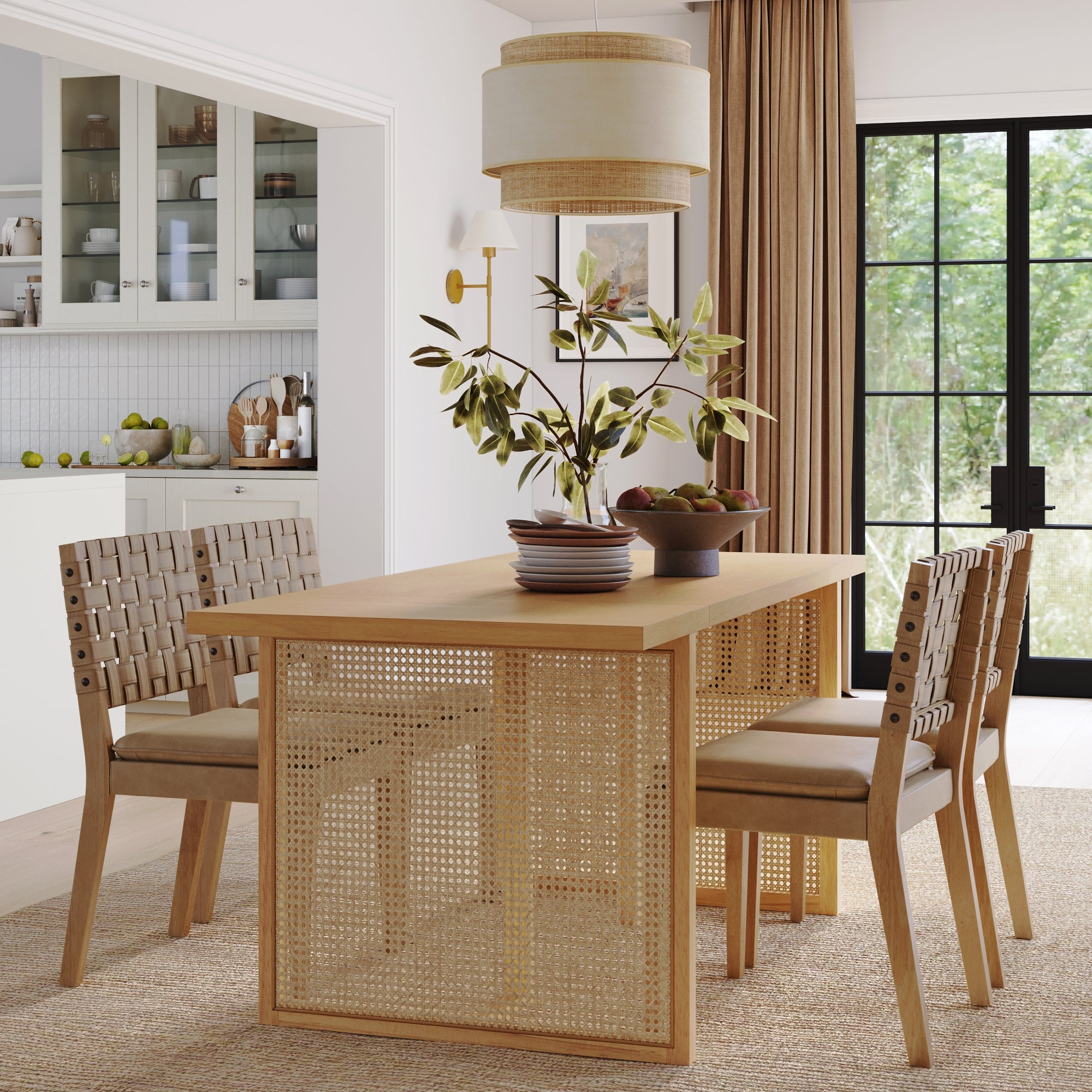 A modern dining room featuring the Nathan James Woven Faux Leather & Rattan Dining Set (4 Chairs), a solid wood table, large pendant lamp, and vase with branches. Neutral décor and large windows create a bright, airy space.