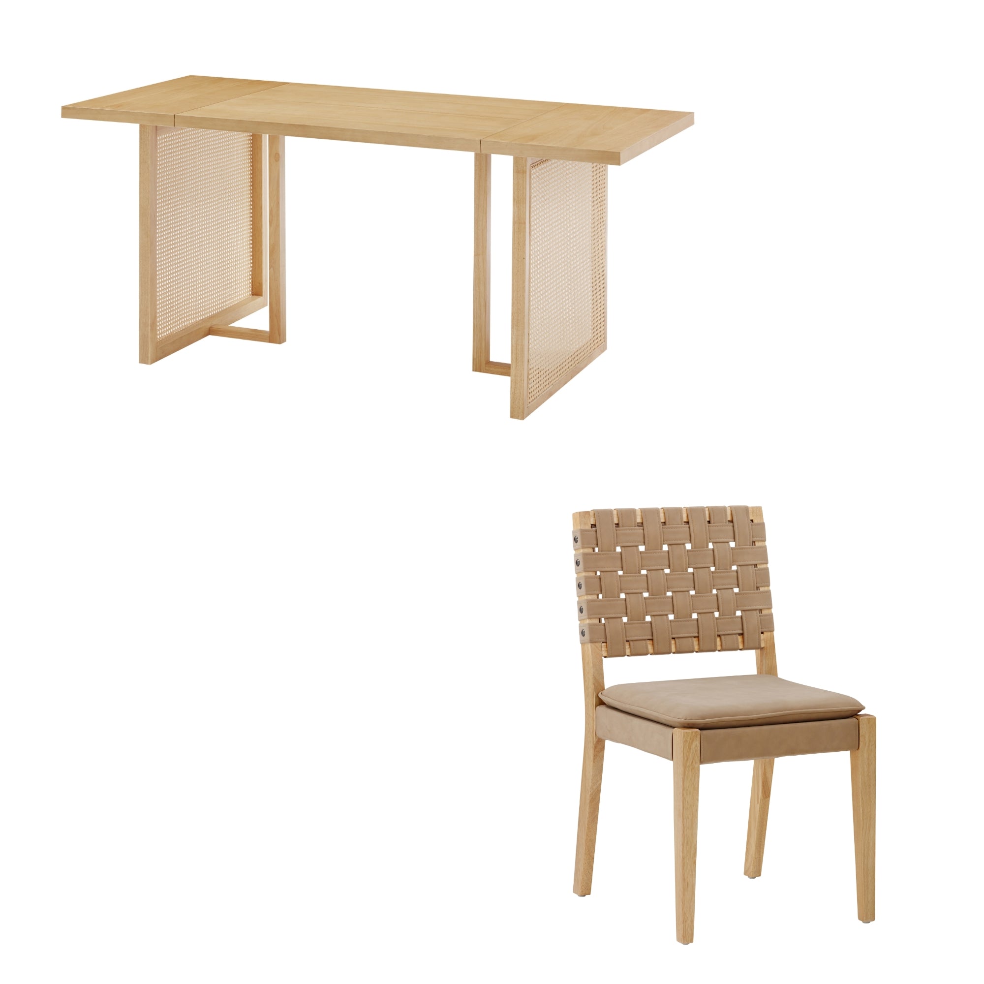 A light wood table with panel legs and a matching light wood chair featuring a woven backrest and cushioned seat, both on a white background.