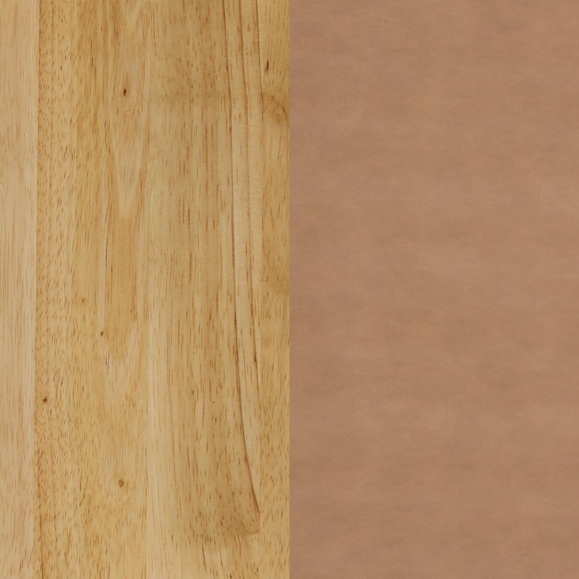 A split image showing a light wood texture on the left side and a smooth, light brown leather texture on the right side.