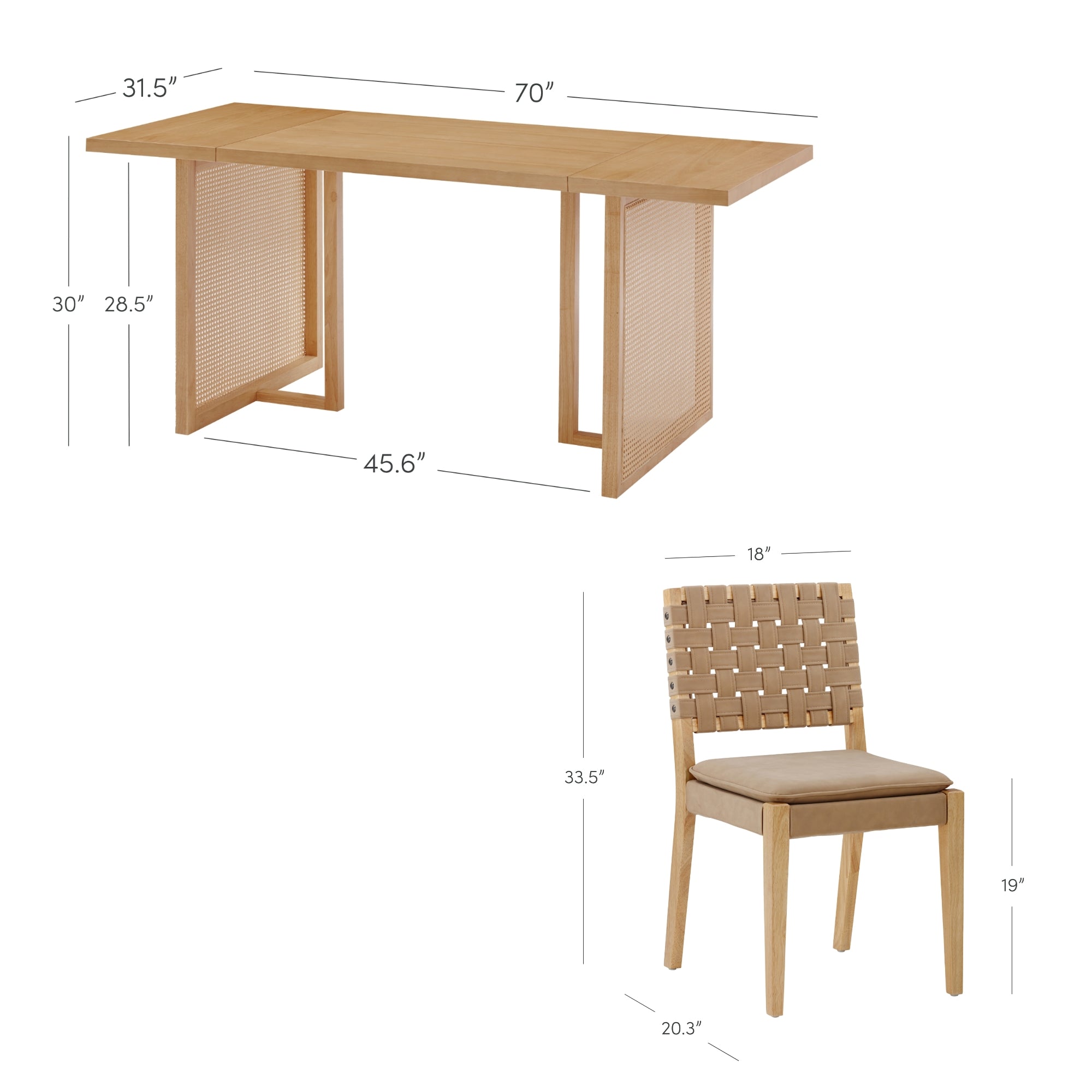 Rectangular wooden table with panel legs, measuring 70 L x 31.5 W x 30 H; matching wooden chair with woven backrest, beige cushion, 18 W x 20.3 D x 33.5 H, seat height 19.