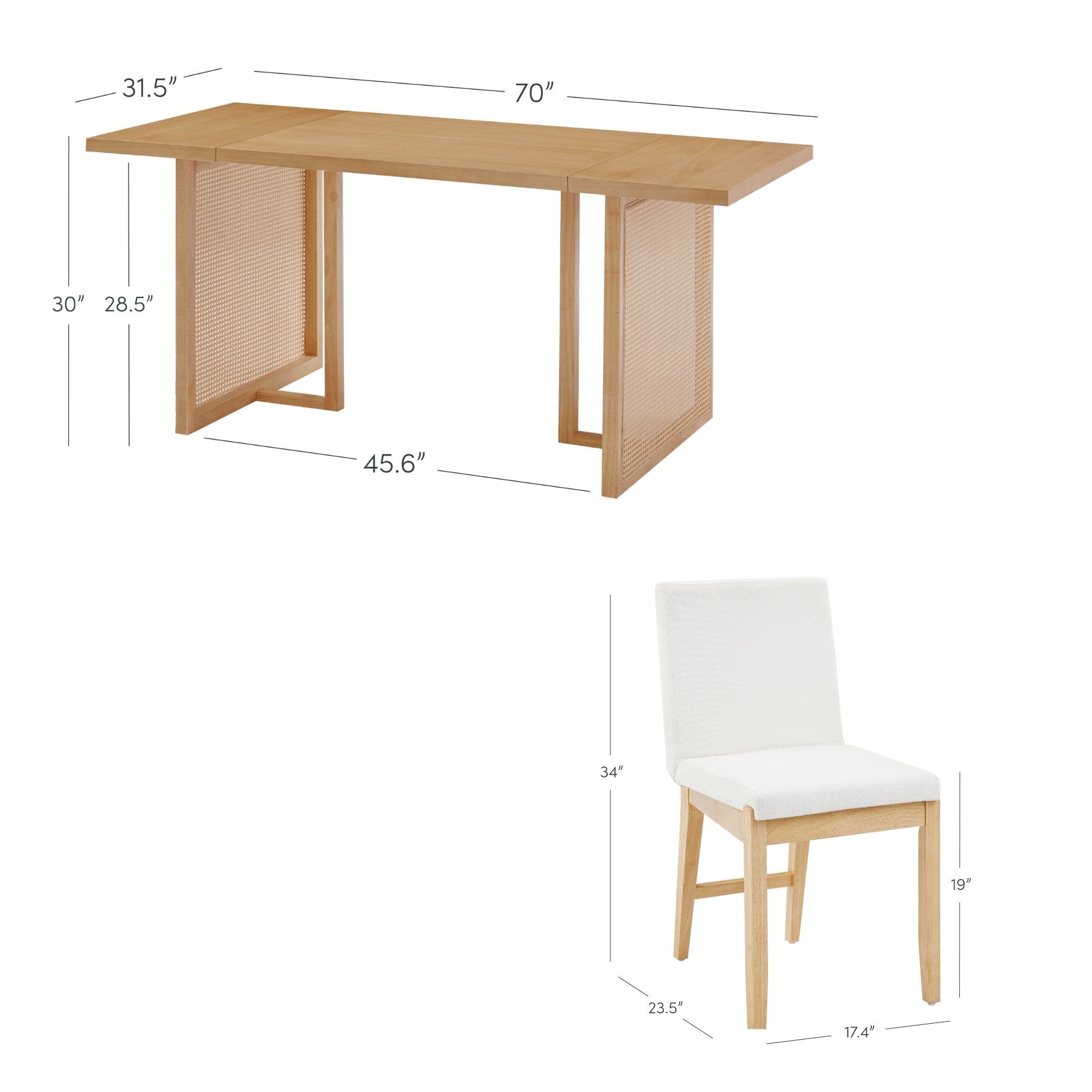 A light wood dining table with measurement annotations and a white cushioned dining chair with wood legs, also annotated with dimensions. Table: 70L x 31.5W x 30H. Chair: 34H x 17.4W x 23.5D x 19 seat height.