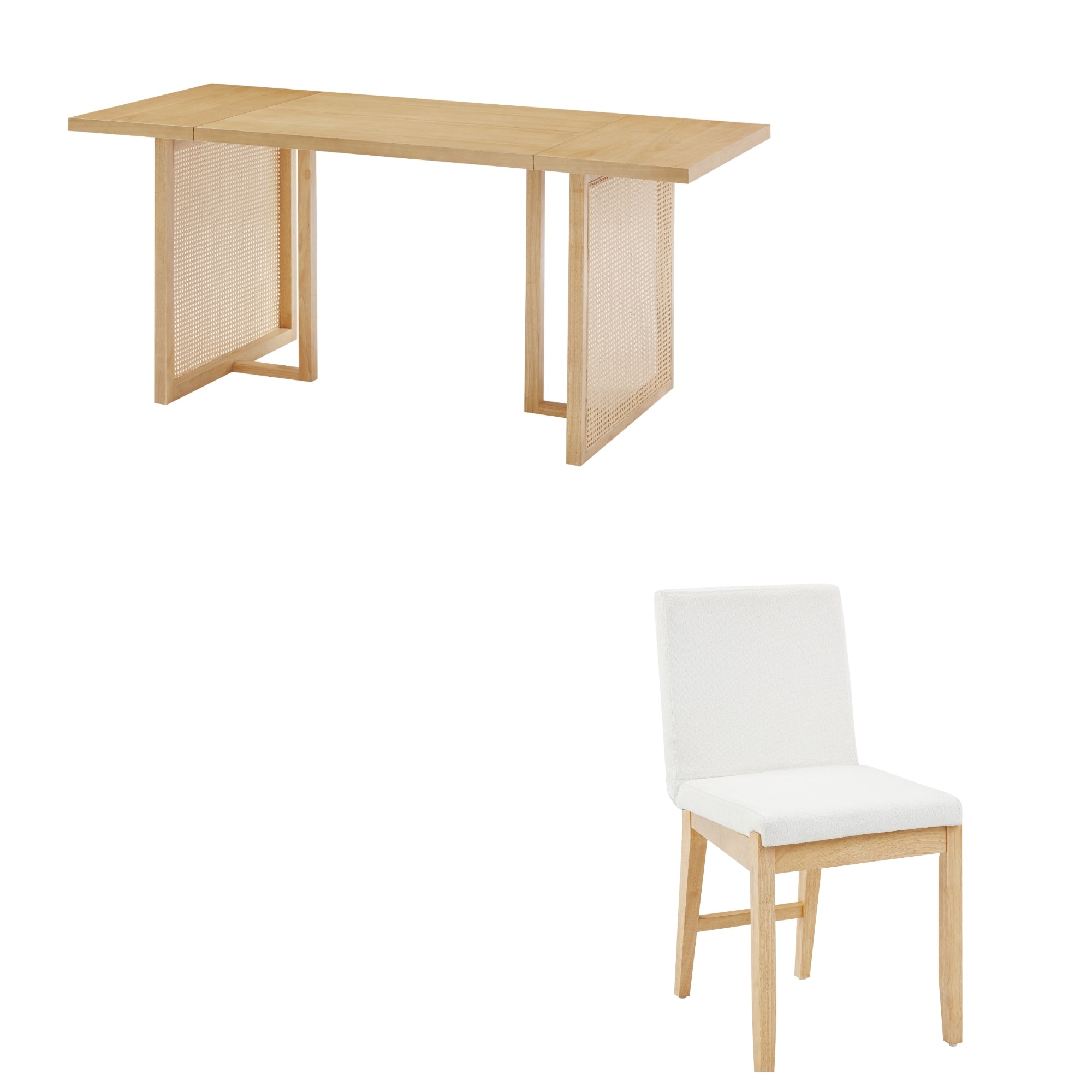 A light wood rectangular table with panel legs and a matching chair featuring a cushioned white seat and backrest, both set against a plain white background.