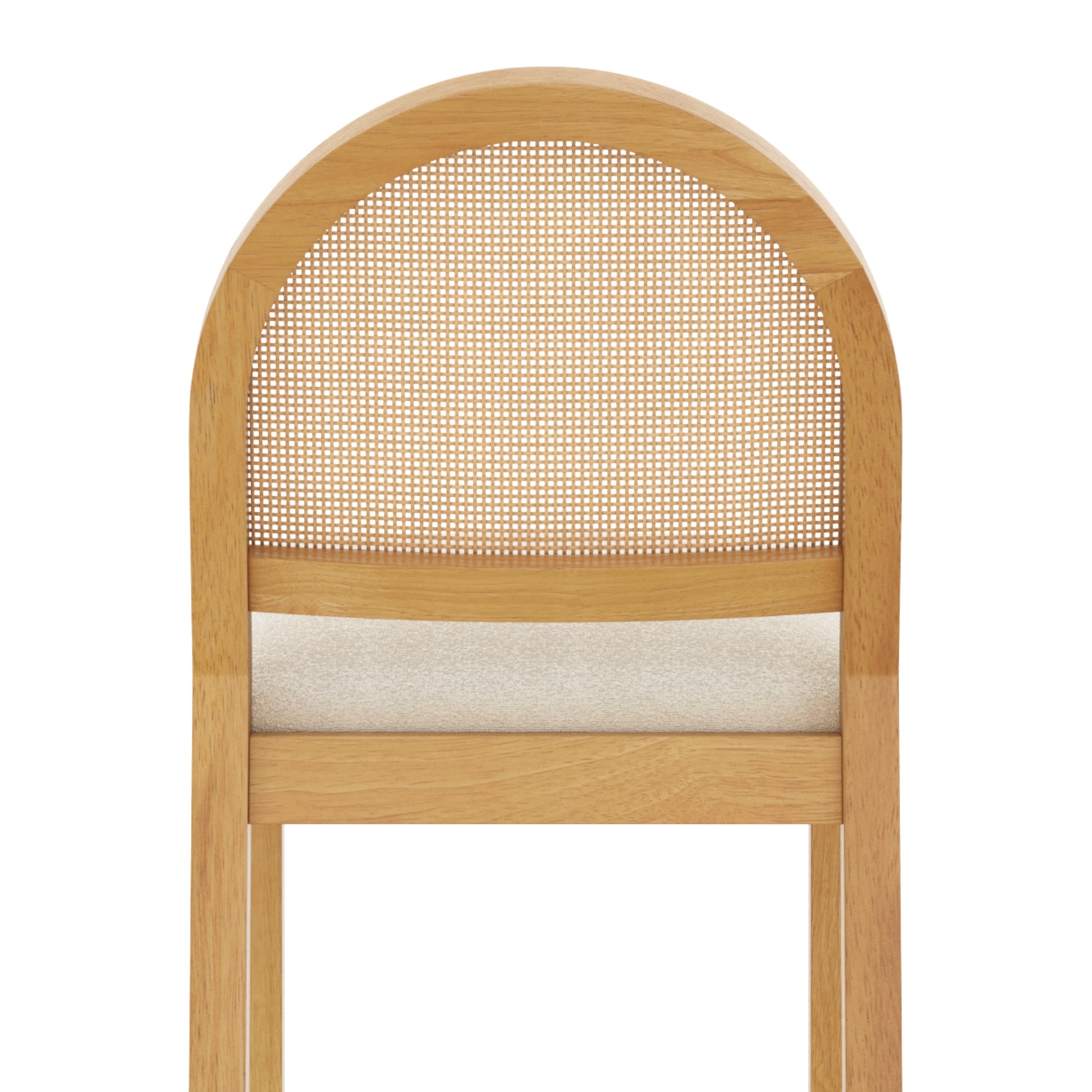 A wooden chair with a rounded backrest featuring a woven cane design and a light-colored upholstered seat. The image shows the upper part of the chair from the back.