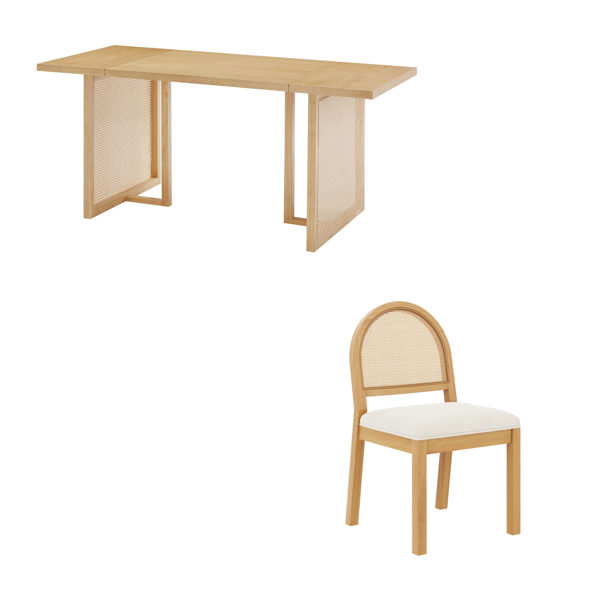 A light wood rectangular table with panel legs and a matching chair featuring a rounded backrest and a cushioned seat, both set against a white background.
