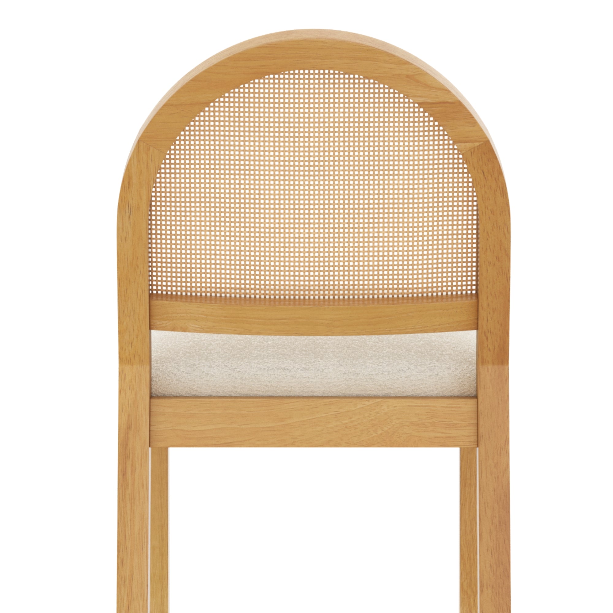 A wooden chair with a rounded backrest featuring a woven cane design and a cushioned seat upholstered in light fabric.