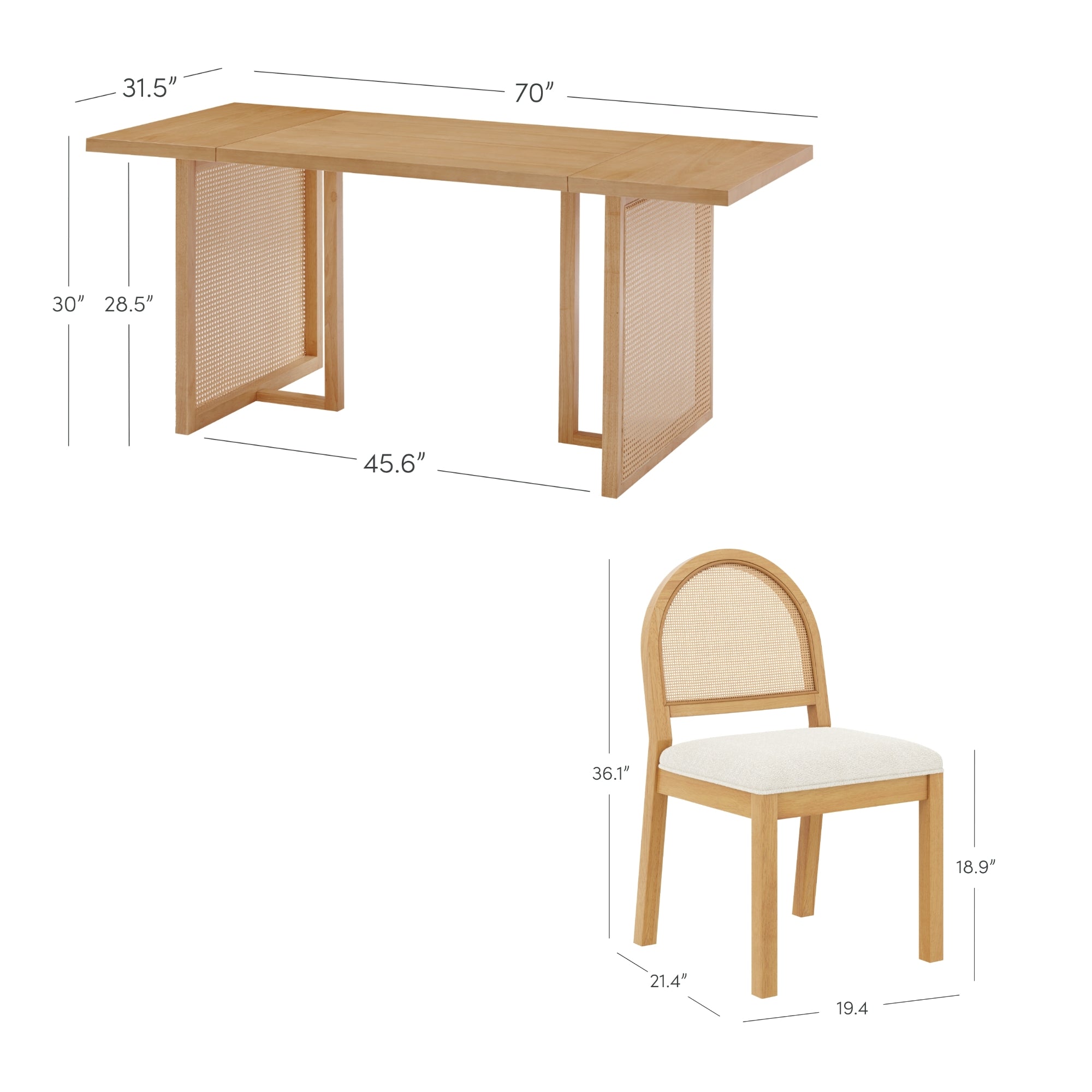 A wooden table and chair with dimensions labeled. The table is 70 long, 31.5 wide, and 30 high, with panel legs 45.6 apart and 28.5 tall. The chair is 36.1 tall, 21.4 deep, 19.4 wide, and 18.9 seat height.