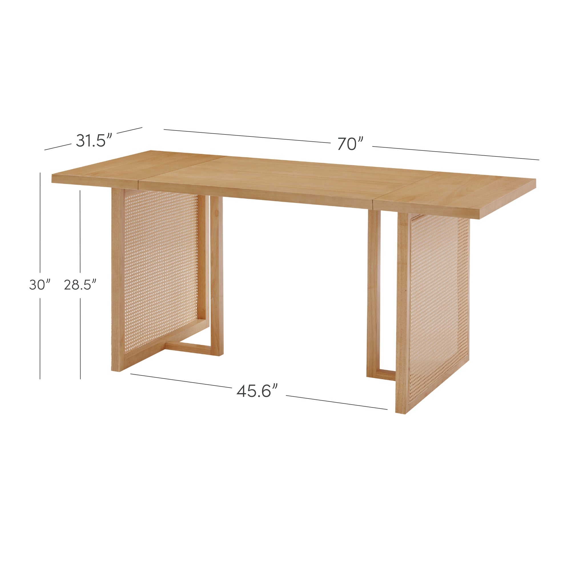 A rectangular wooden table with mesh-style side panels. The dimensions are labeled: 70 length, 31.5 width, 30 height (overall), 28.5 lower height, and 45.6 width between supports.