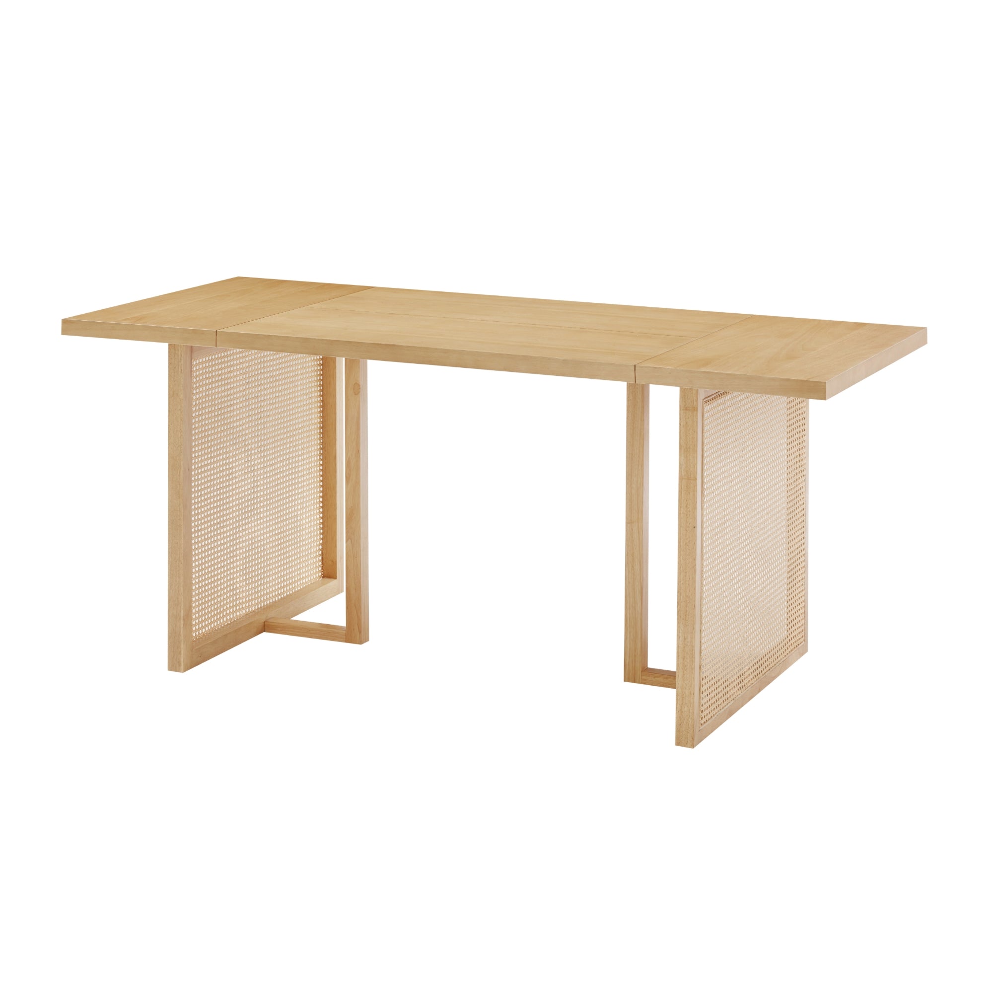 A rectangular light wood dining table with a smooth top and two wide, flat panel legs featuring a woven cane pattern. The design is modern and minimalist.