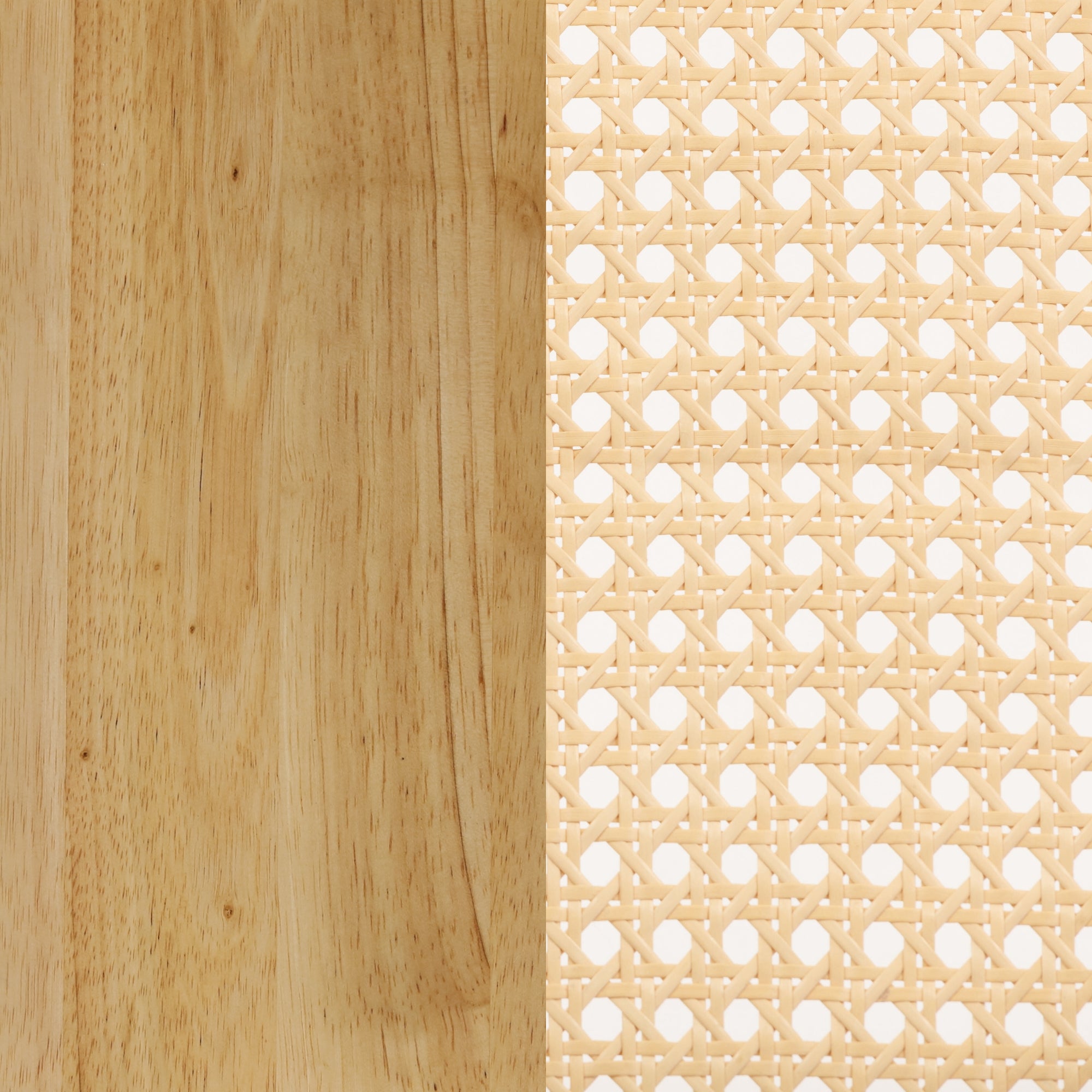 A close-up of a wood surface on the left and a light brown rattan weave pattern on the right, both in vertical halves.