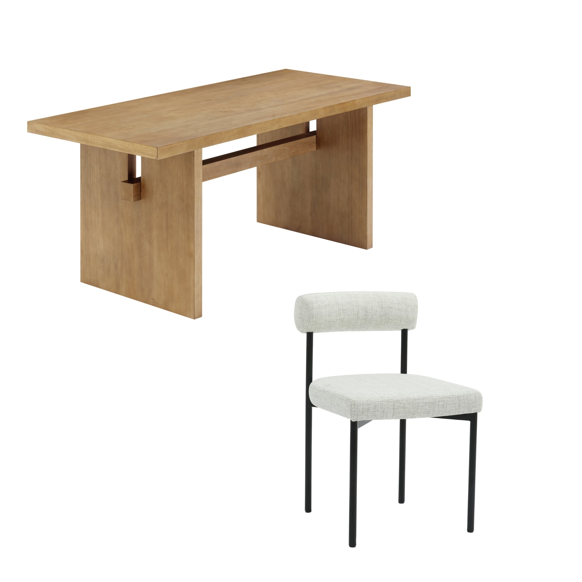 A wooden rectangular table with thick legs and a light brown finish, next to a modern chair with a black metal frame and light gray upholstered seat and backrest, both on a white background.