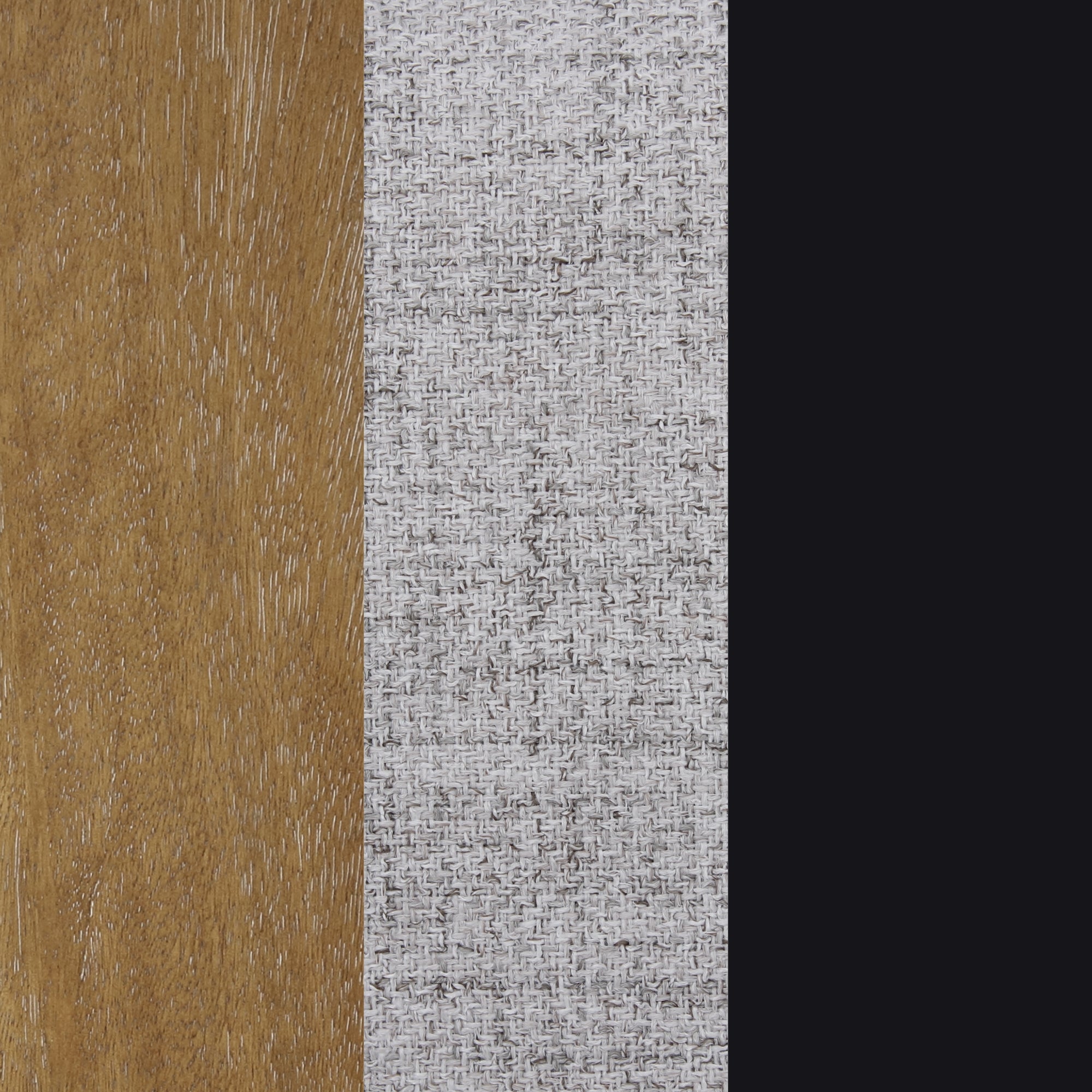 Three vertical panels: the left features a brown wood grain texture, the center shows a light gray woven fabric pattern, and the right is a solid black color.