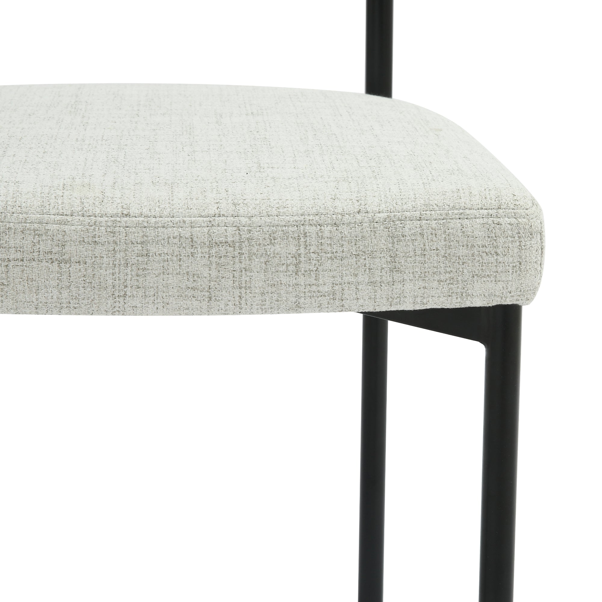Close-up of a modern chair with a light gray textured fabric seat and black metal legs, showing part of the seat and frame against a white background.