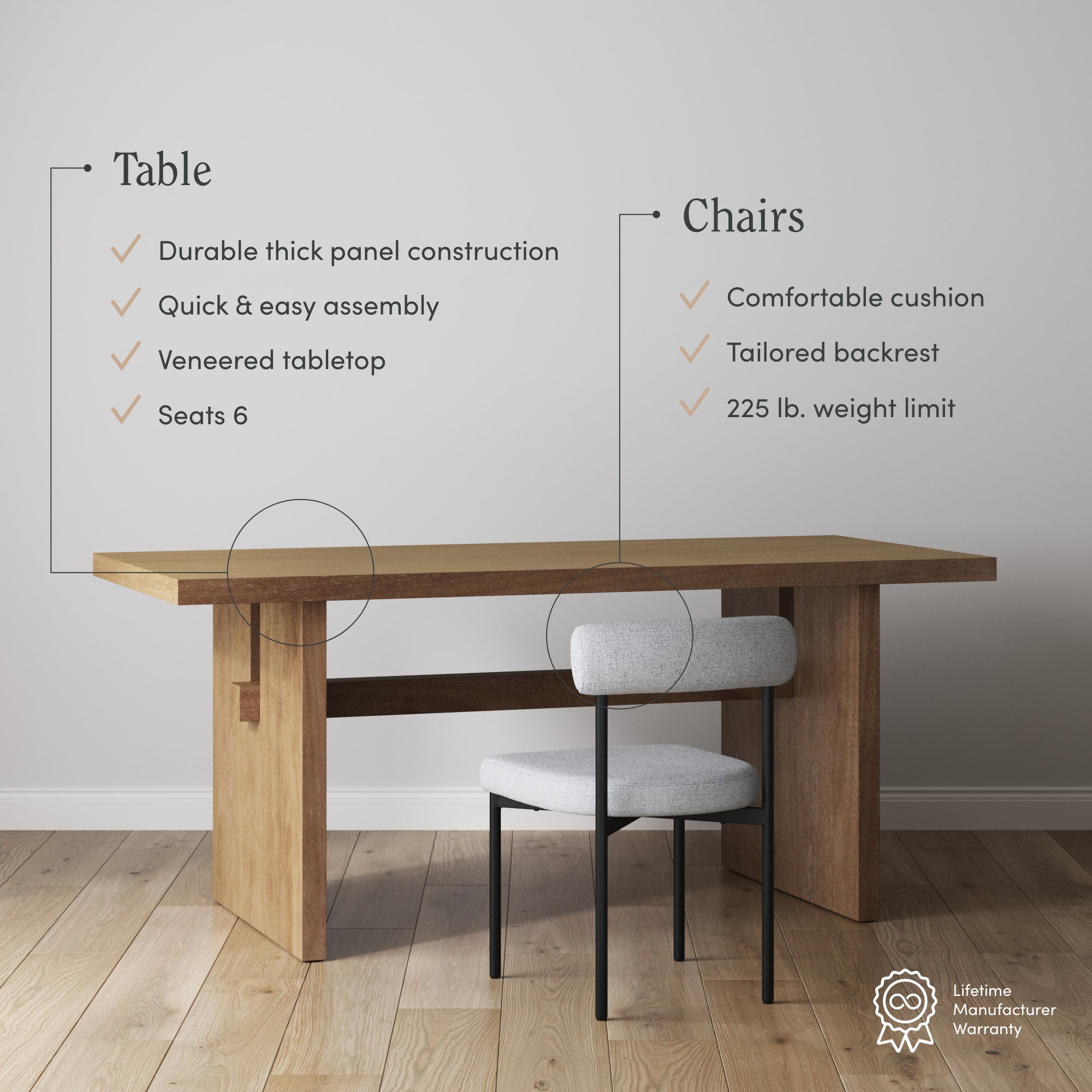 A modern wooden table and cushioned chair in a minimal room, with text highlighting features: thick panel construction, easy assembly, veneered tabletop, seats 6, comfortable cushion, tailored backrest, 225 lb weight limit.
