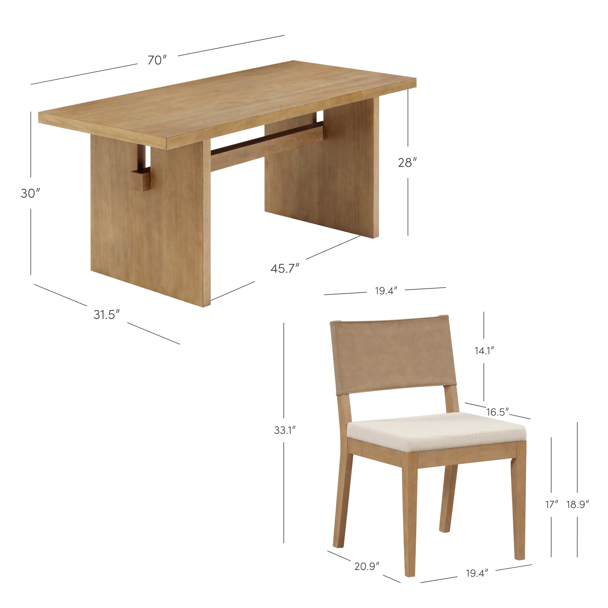 A wooden dining table and chair with dimensions labeled. Table: 70 long, 31.5 wide, 30 high, 45.7 between legs, 28 leg height. Chair: 33.1 high, 20.9 deep, 19.4 wide, seat 18.9 high, back 14.1 high.