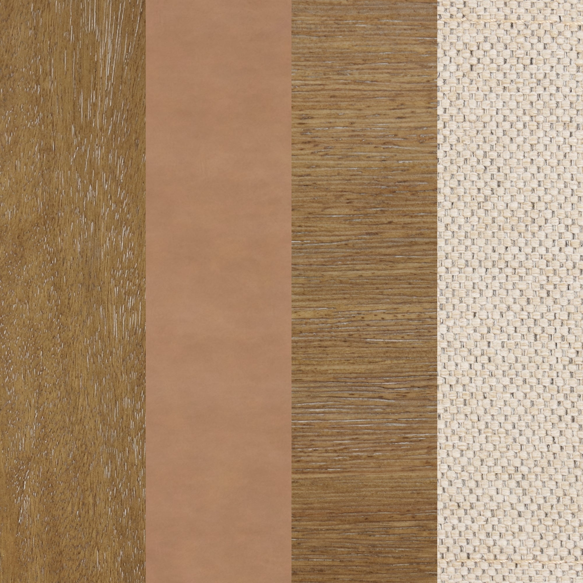 Four vertical strips showing different textures: wood grain, smooth brown leather, darker wood grain, and woven beige fabric. Each strip has a distinct color and surface pattern.