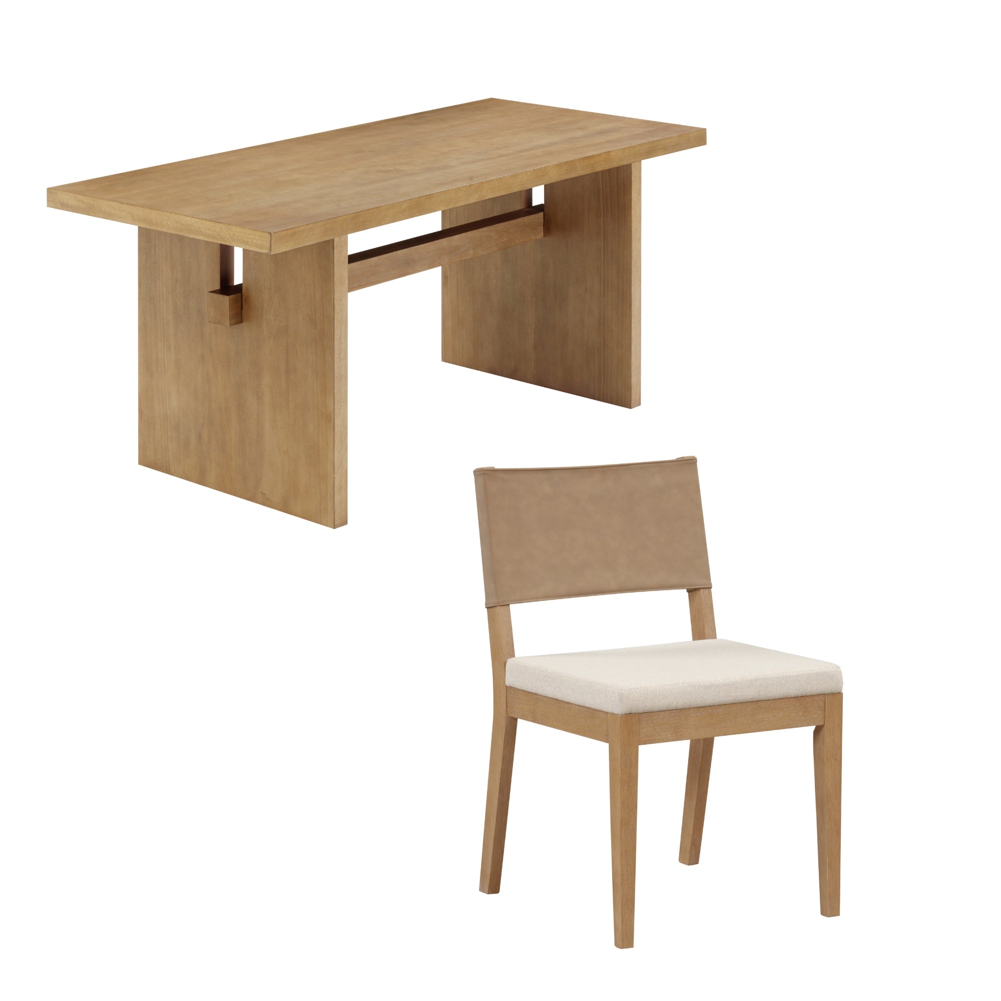A light wooden rectangular dining table with thick legs, paired with a matching wooden chair that has a light cushioned seat and a wooden backrest. Both are seen on a white background.