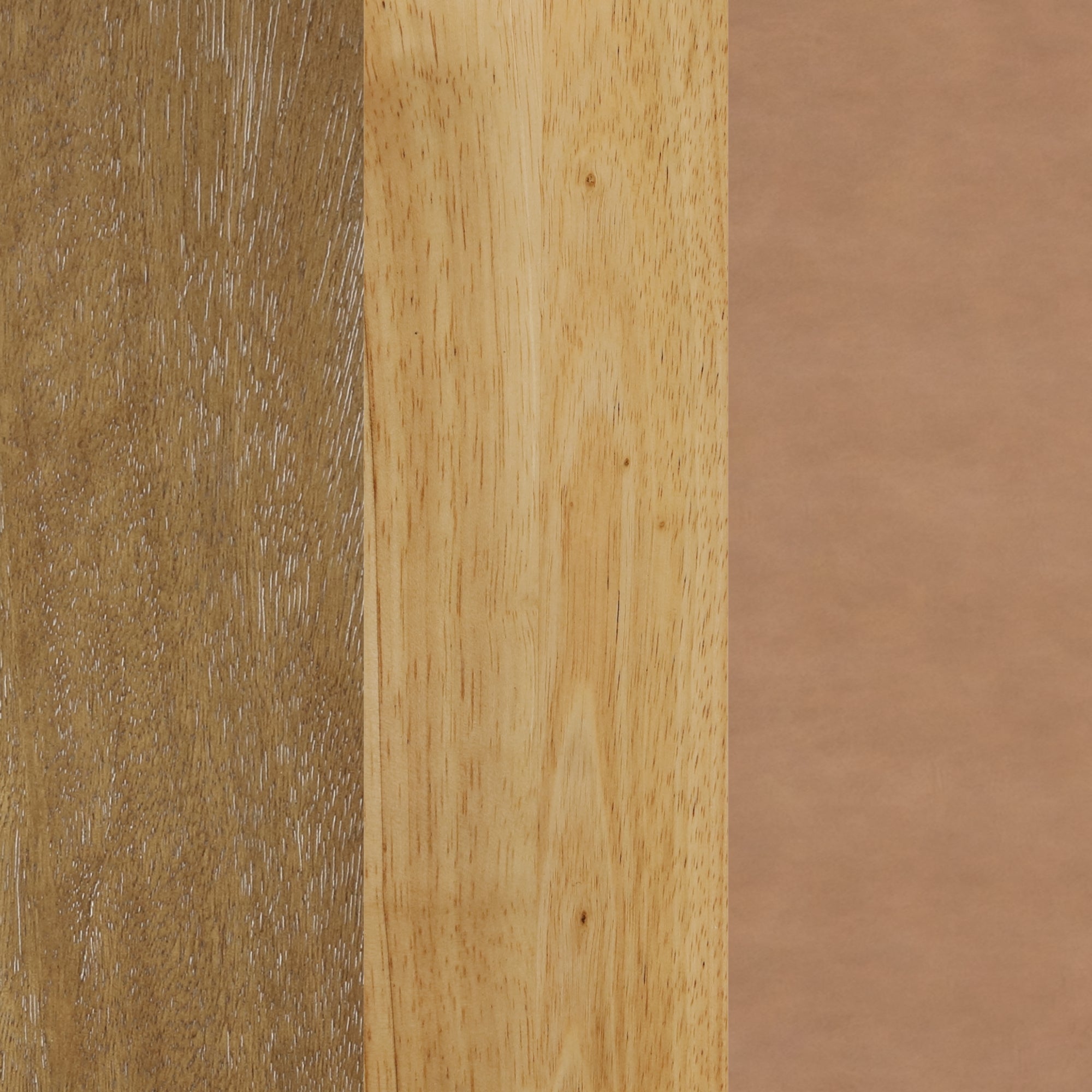 Three vertical panels: the left shows textured, rough brown wood; the middle displays smooth, light-colored wood; and the right features a flat, matte, light brown surface, possibly leather or paper.