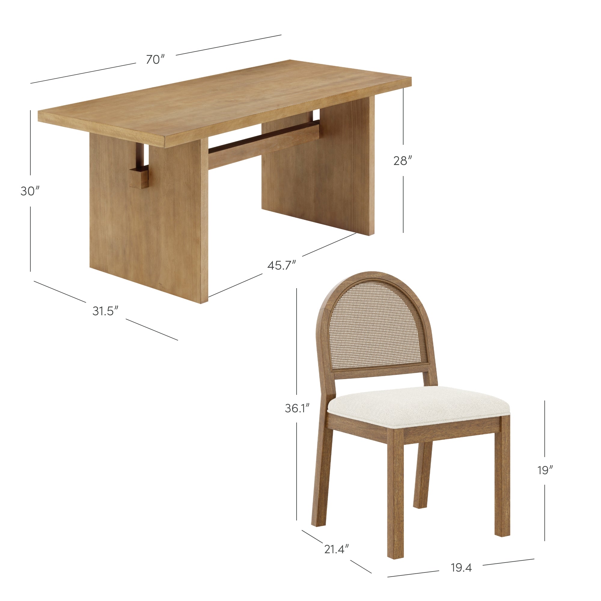 A rectangular wooden table with dimensions labeled 70 W x 31.5 D x 30 H and a wooden chair with a rounded back and seat cushion, labeled 36.1 H x 21.4 D x 19.4 W, seat height 19.