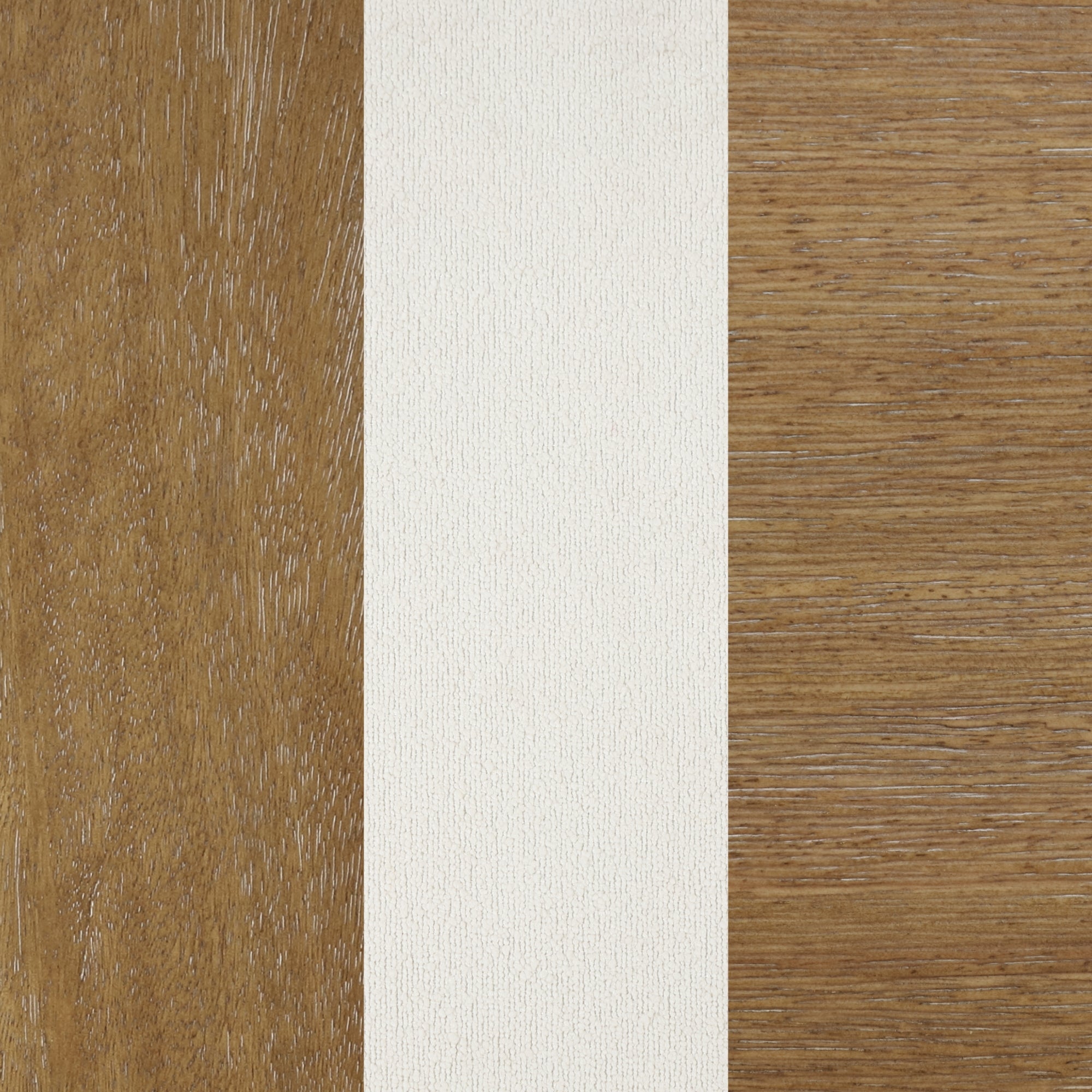 Three vertical panels: the left and right panels have different shades of brown wood grain, while the center panel is a textured off-white material.