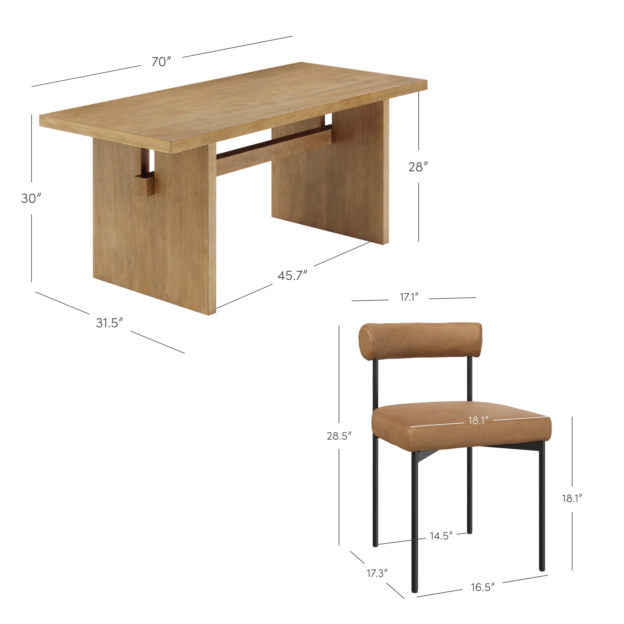 Wooden dining table and brown upholstered chair with black metal legs, each shown with detailed dimensions in inches. The table is 70 long, 31.5 wide, and 30 high. The chair is 28.5 high, 18.1 wide, and 17.3 deep.