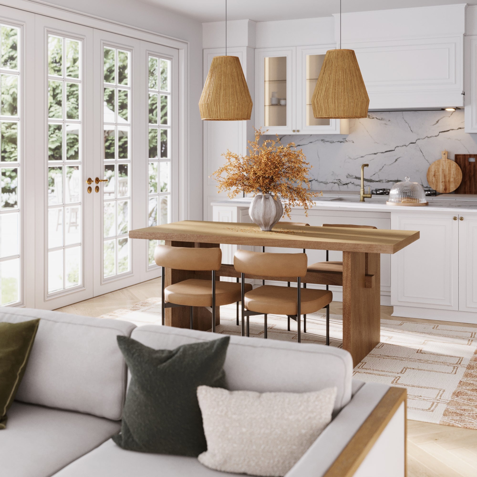 A modern kitchen and dining area features the Nathan James Mid-Century Dining Set Light Brown (4 Chairs), a solid wood veneer table, tan chairs, white cabinets, marble backsplash, and large windows that fill the space with natural light.